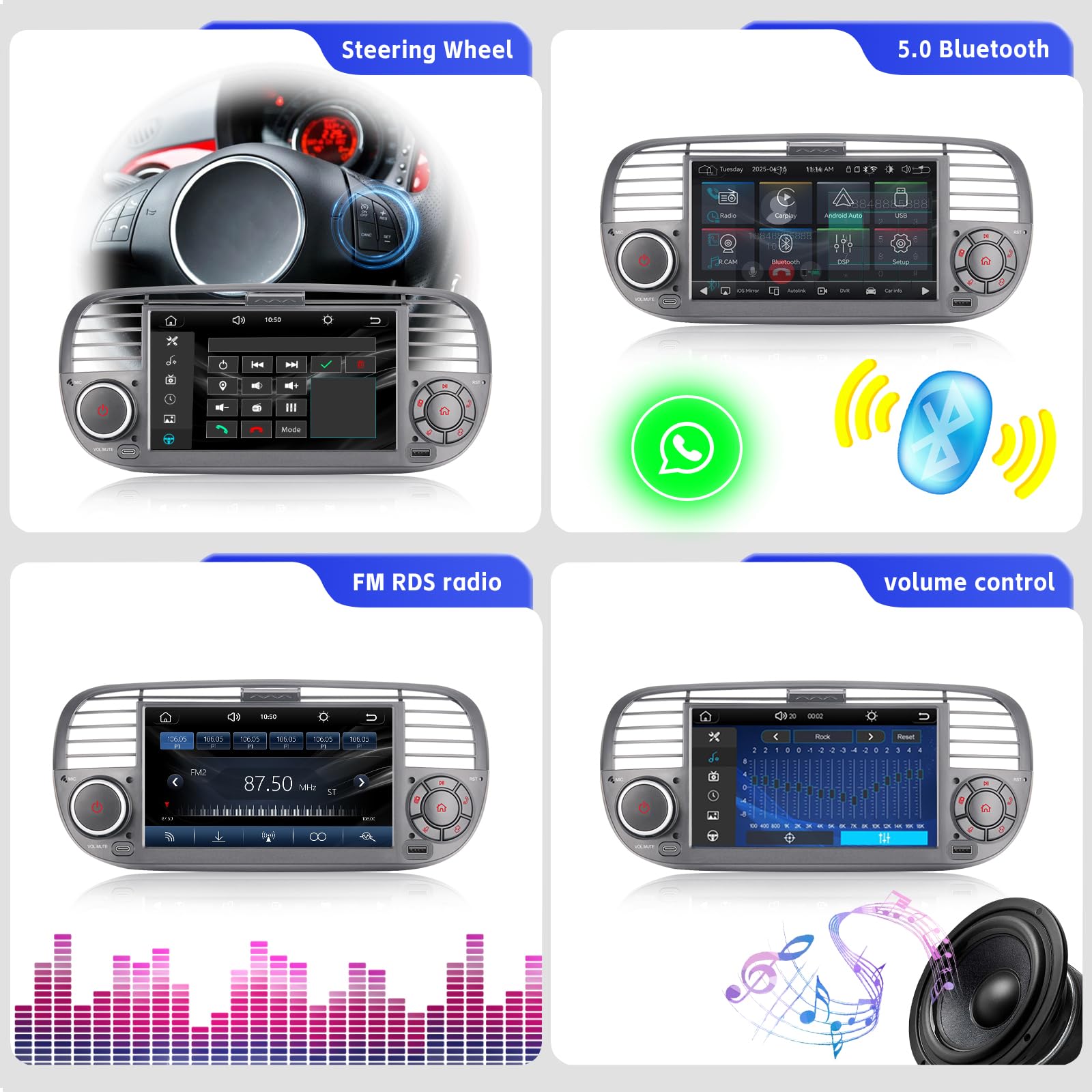 Autoradio per FIAT 500 radio con schermo touchscreen USB Bluetooth FM/AM Linux Sistema doppio din stereo auto con Carplay wireless/Android Auto (Black)