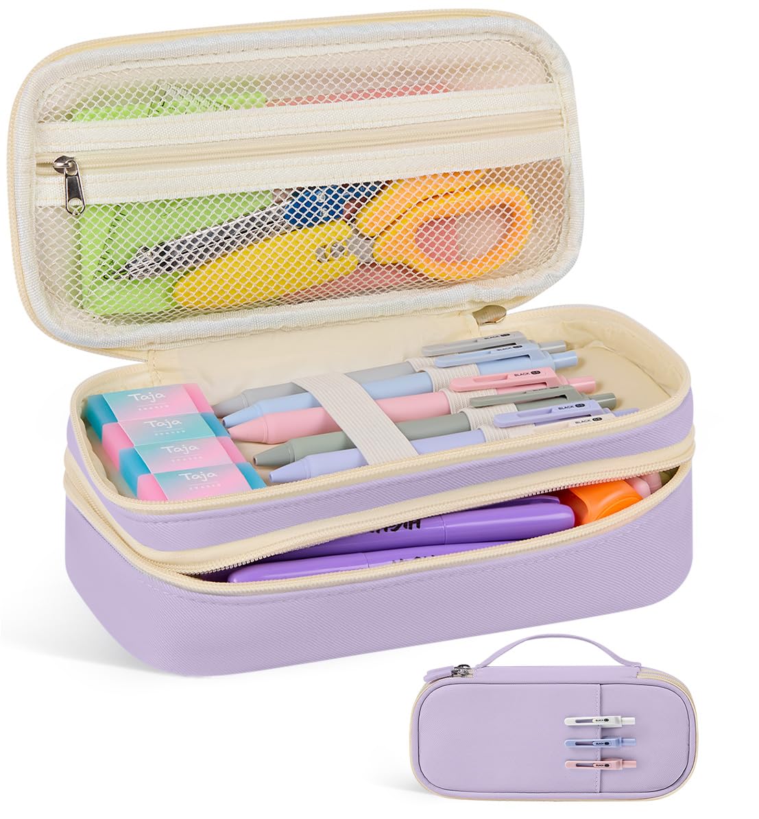 Large Pencil Case Pouch For Girls, Big Cute Pencil Pen Bag Organizer with Zipper Compartments & Handle, Aesthetic Stationery Storage & School Supplies for Teens Boys - Purple