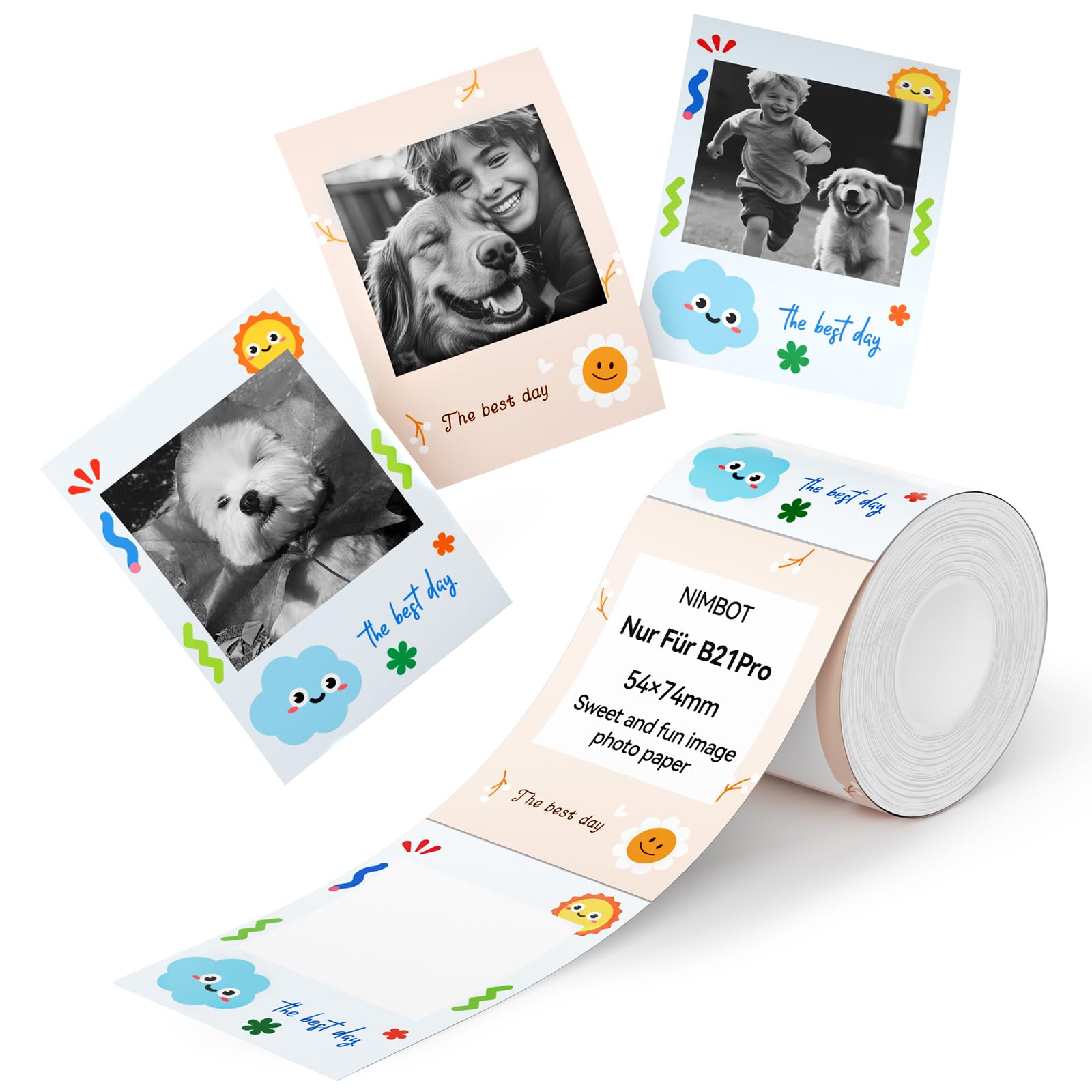 NIIMBOT Labels, Photo Paper Stickers for B21Pro Label Printer, Cute Video, 54 x 74 mm, 110 Labels/Roll