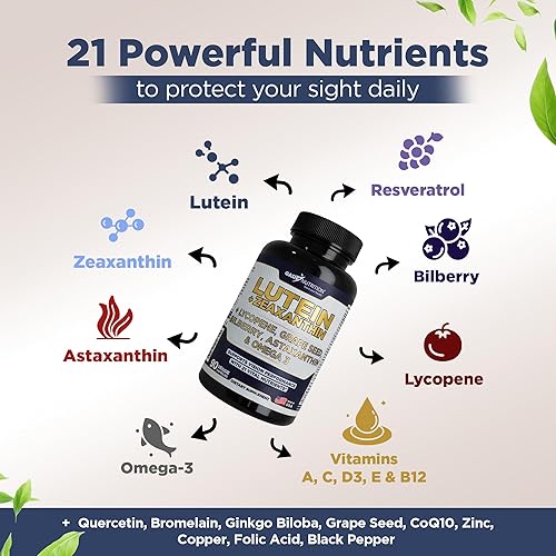 Miniatura 3 de Suplementos de luteína y zeaxantina - Vitaminas para la salud ocular - Astaxantina, Omega 3, resveratrol, arándano, licopeno, quercetina, ginkgo