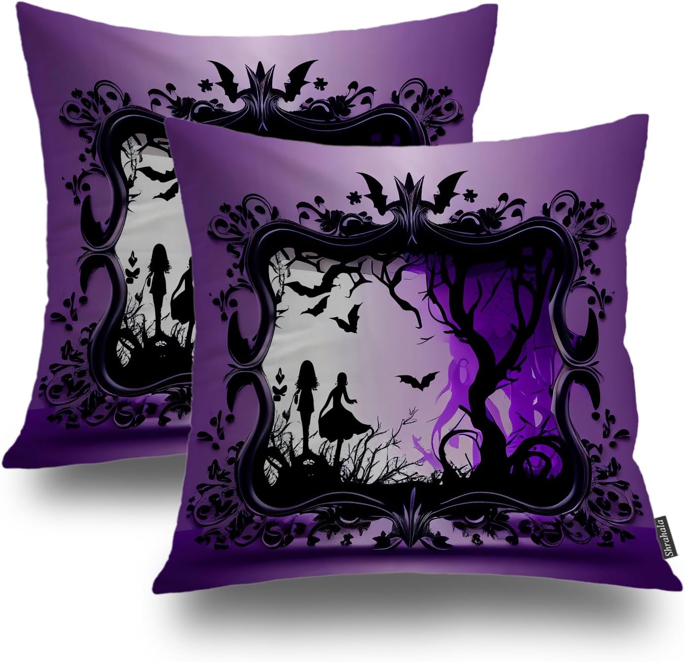 Shrahala Halloween Purple Silhouette Decorative Throw Pillow Cover, Witch Silhouette Square Pillowcase Blended Double-Sided No Inserts for Bedroom Living Room Set of 2 (20 x 20 in)
