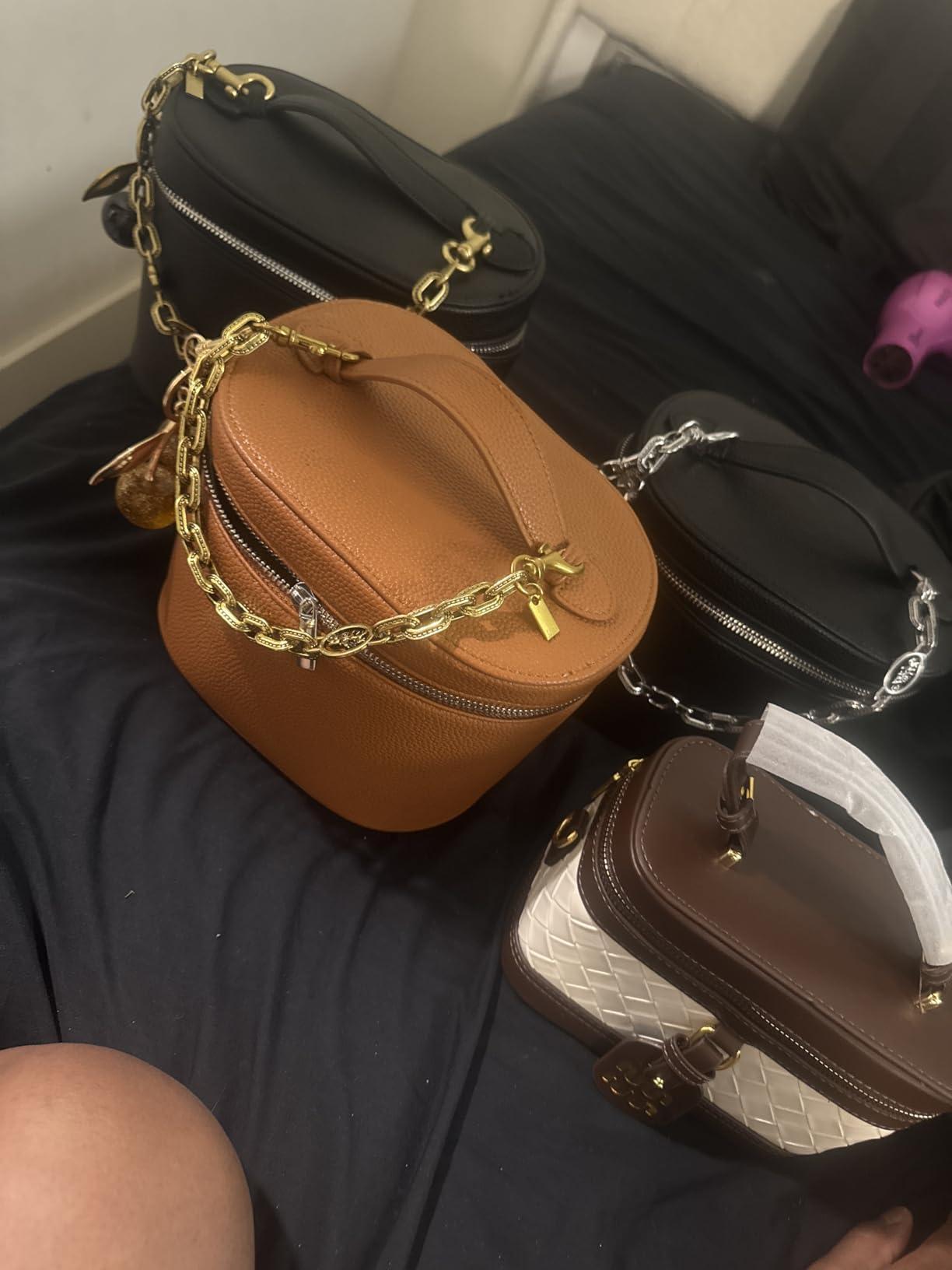 IEMIEBOAMGNOY Leather Make Up Bags With Compartments, Brown travel Cosmetic Bags for Women, Parallel Makeup Travel Bags Organizer Equipped With a Detachable Divider