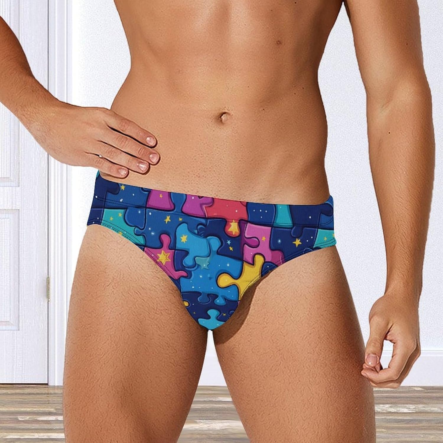 Puzzles Men's Swimsuit Brief Sexy Bikini Briefs Retro Printed Swimwear Quick Dry Swimming Trunks 3X-Large