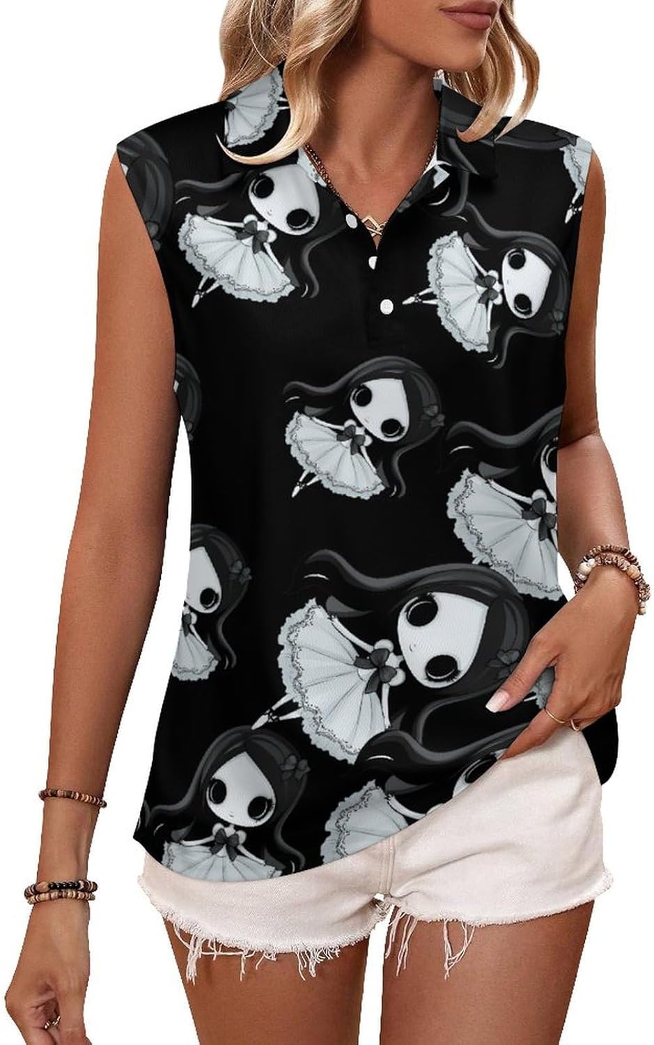 Ghost Ballet Halloween Dance Womens Golf Shirts Print Polo Shirt Sleeveless Tank Top Casual Work Blouses