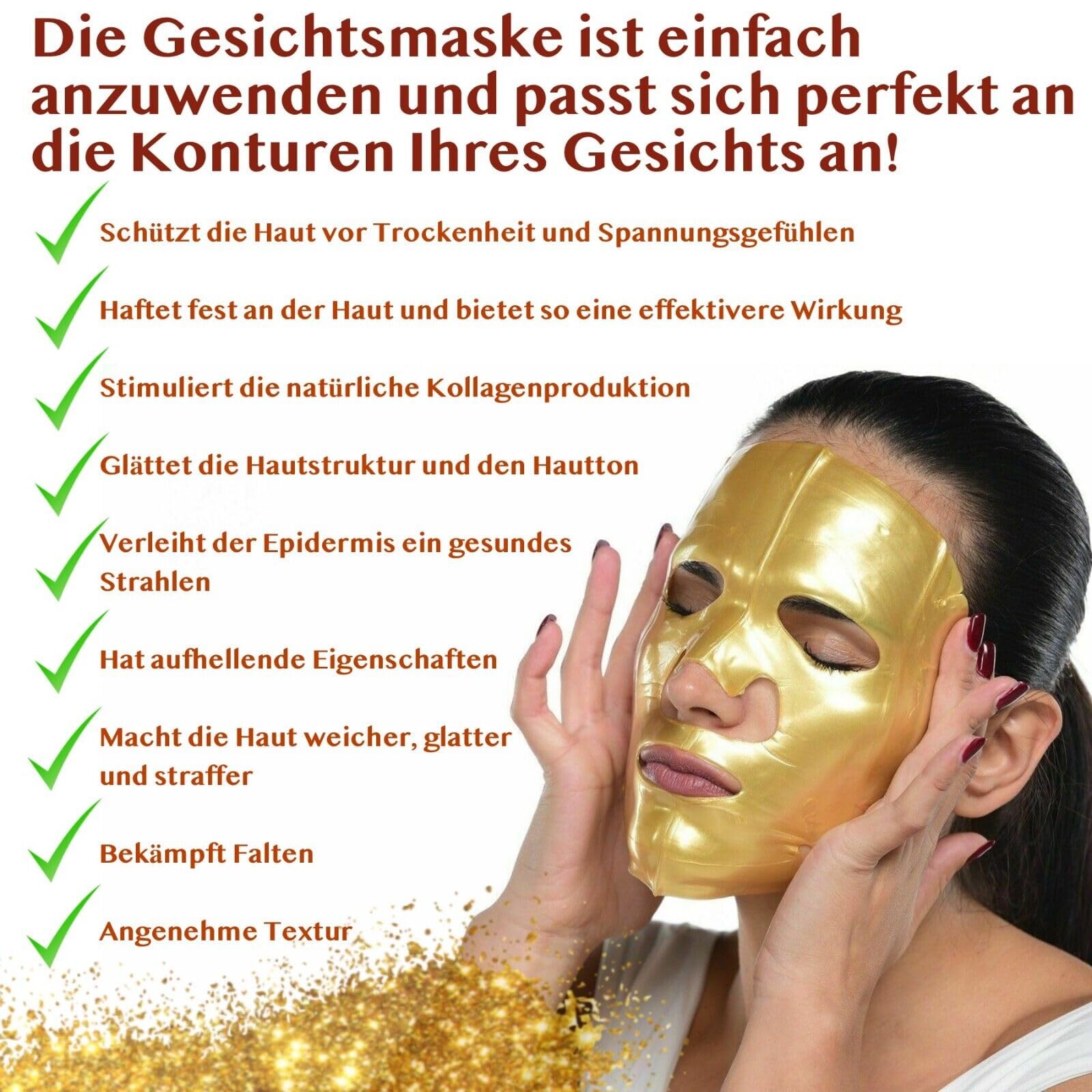 Geschenkset: Luxus Bio-Gold Set 24K Gold Collagen - 5x Gesichtsmaske, 10x Lippenmaske, Goldessenz Gesichts Serum, 60x Augenpads - Komplettes Gesichtspflege & Anti-Aging Geschenkset - 76 Pflegeprodukte