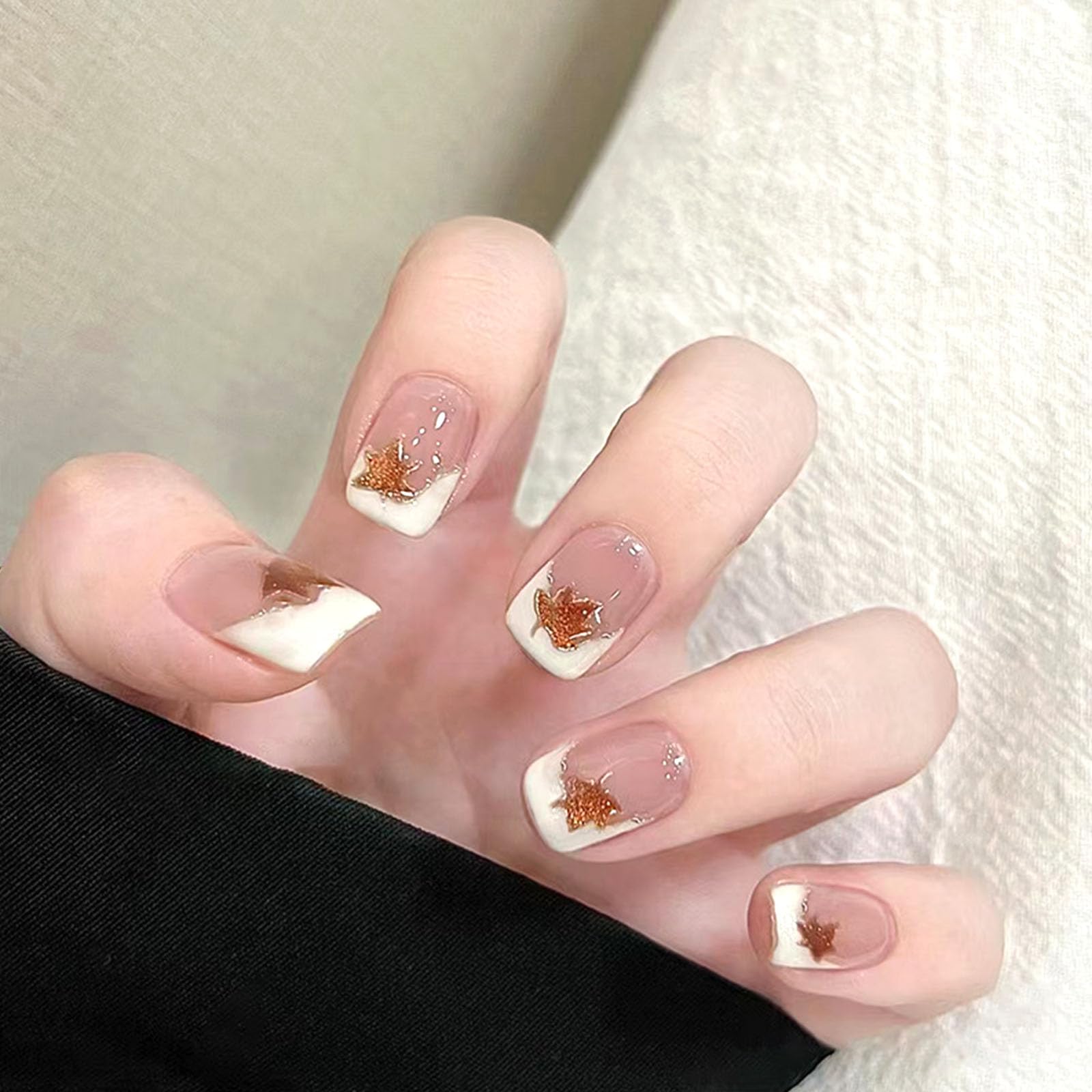 White French Tip Press on Nails Short Square Fake Nails with Maple Leaves Golden Glitter Deigns Glue on Nails Nude Pink Full Cover Acrylic False Nails
