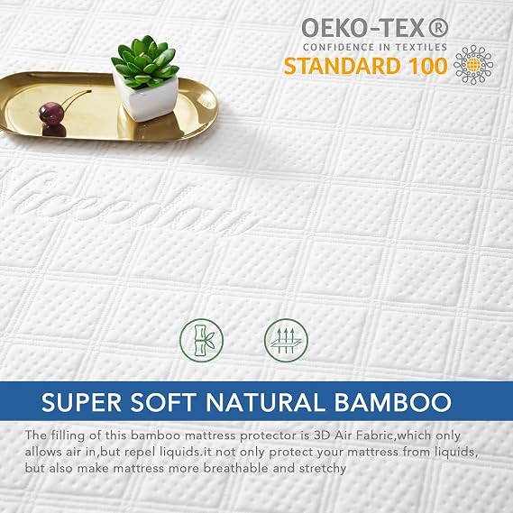 King Size Waterproof Mattress Protector,Bamboo Mattress Pad Cover Fitted Deep Pocket,3D Air Fabric Breathable Bed Mattress Cover Matress Protector King Size Soft & Noiseless White