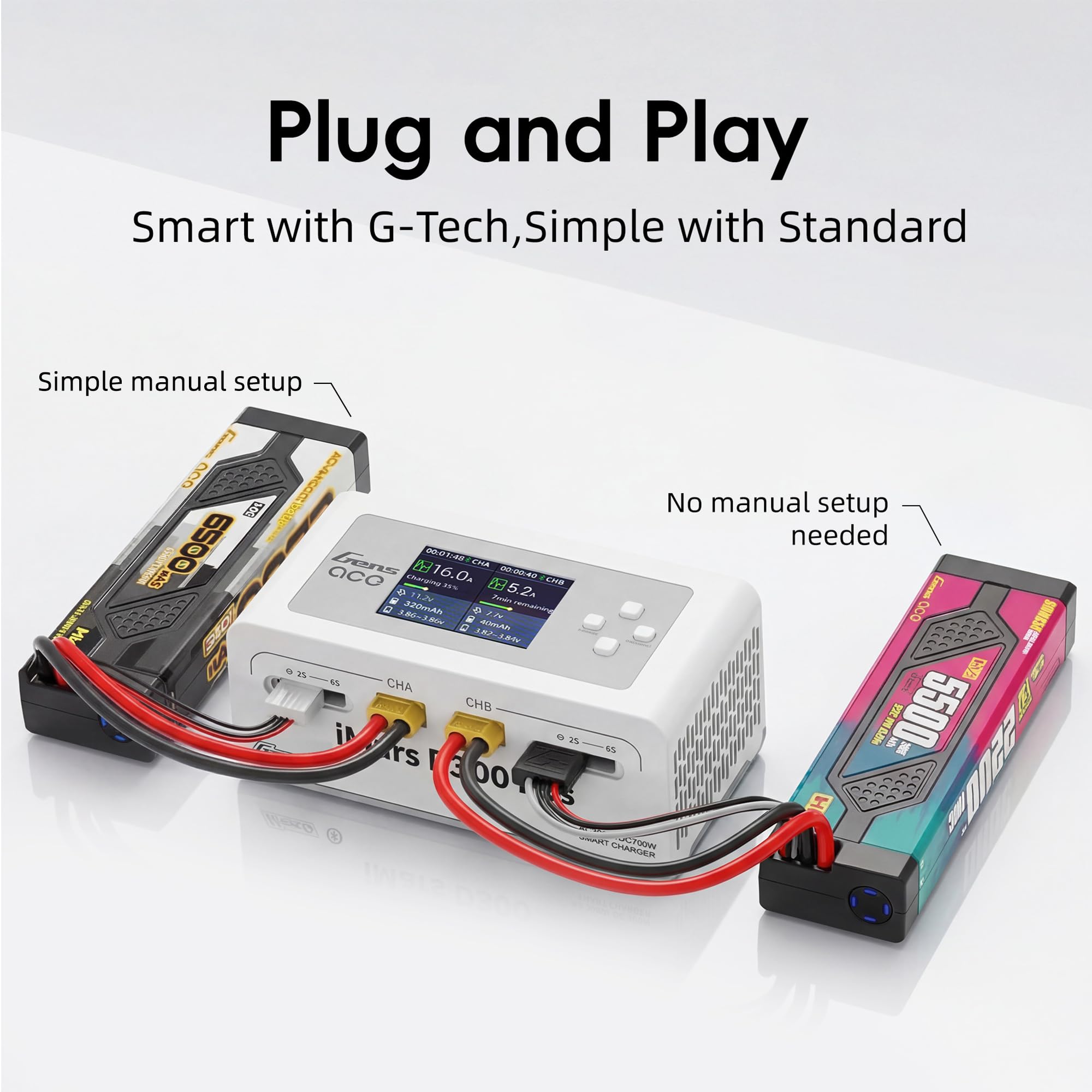 Gens Ace IMARS D300 Lipo Caricabatterie G-Tech Series Dual Lipo Charger 16A AC 300W Smart Fast Balance Charger per RC 1S 2S 3S 4S 5S 6S Lipo Batterie, LiHV/Life/Li-lon/NiMH Ricarica rapida