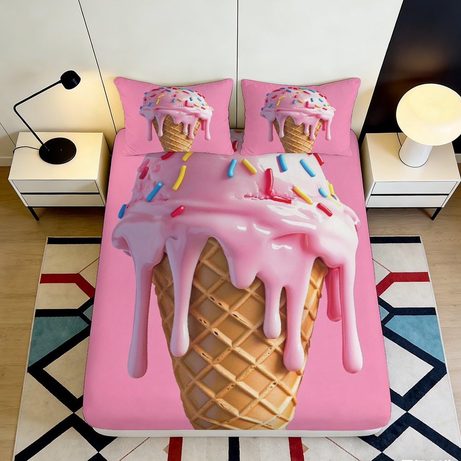 3D Printed Ice Cream Fitted Sheet Microfiber Deep Pocket Non-Slip Dessert Mattress Fitted Cover Washable for Bedroom Bedding 200x200x25cm 90x200x25cm