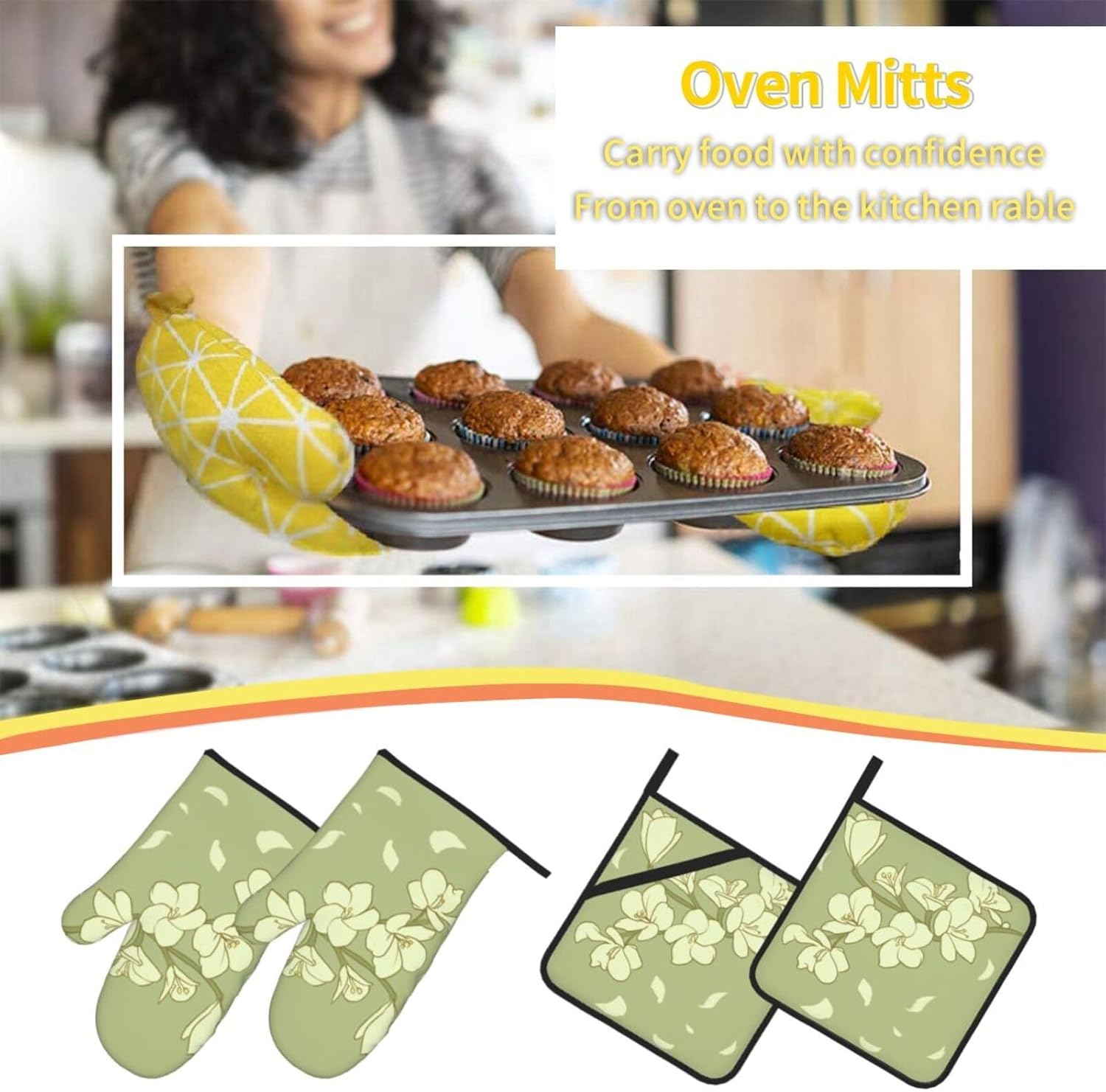 Cartoon Begonia Oven gloves and heat-resistant mat 4-piece set. Suitable for grilling, microwave oven frying, and baking