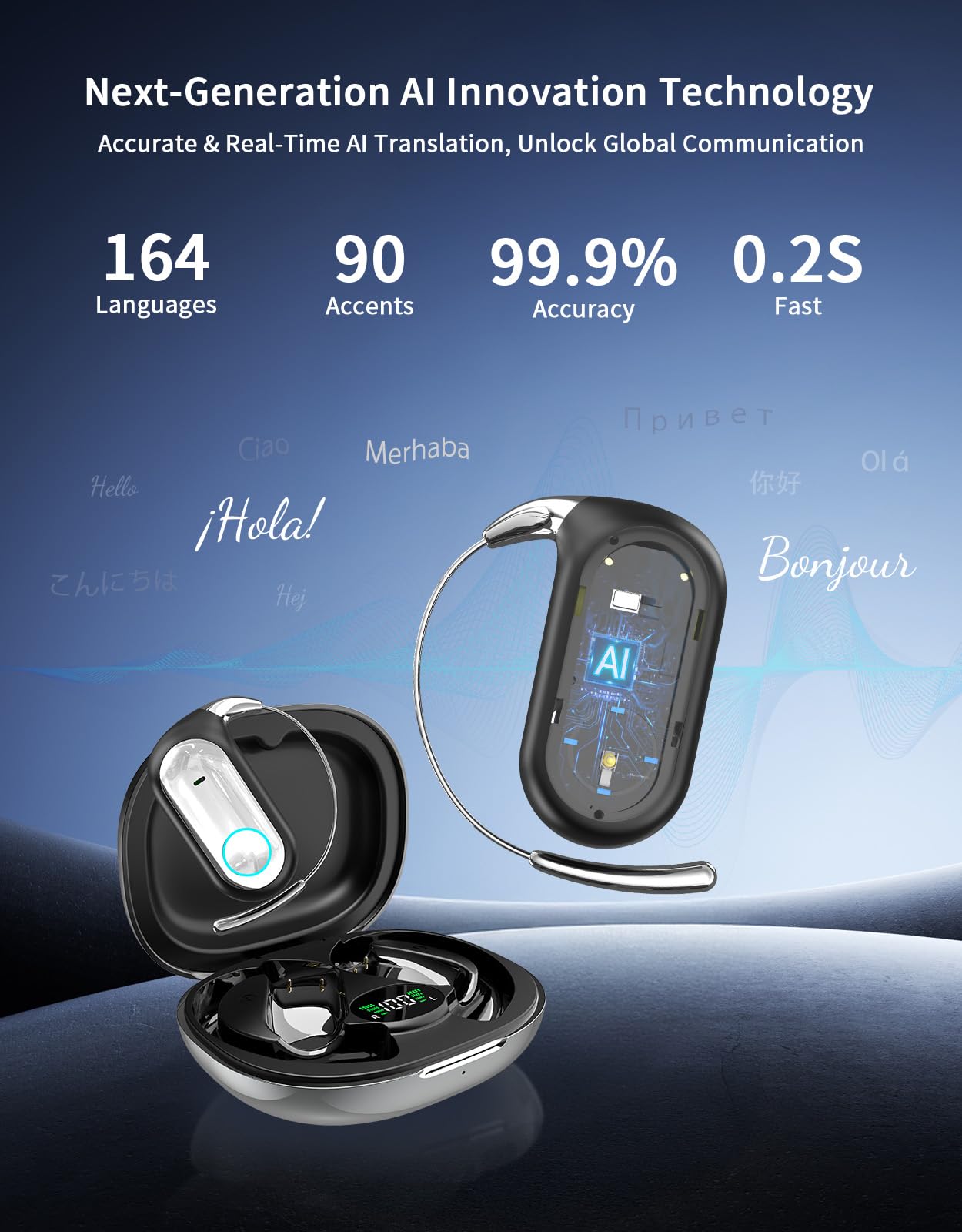 Auriculares Traductor en Tiempo Real con IA, Traductor Instantáneo de Voz con 164 Idiomas y 7 Modos de Traducción, Auriculares Traductores open ear 5 en 1,96 horas de autonomía para viajes y reuniones