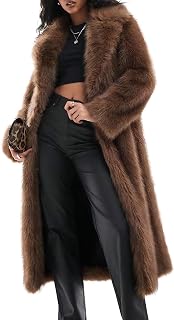COZYPOIN Women's Long Faux Fur Coat - Knee-Length Fluffy Winter Jacket Lapel Collar Hidden Pockets Warm Outerwear