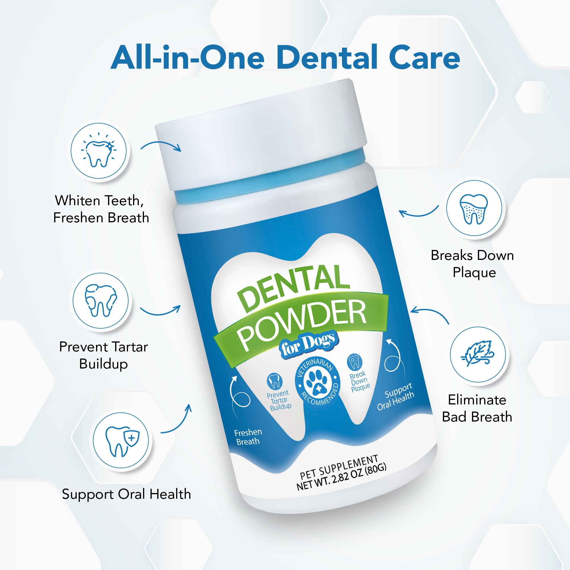 Polvo dental para perros y gatos, removedor de placa y sarro, ambientador de aliento con probióticos, vitaminas y extractos naturales, fácil cuidado dental para perros para todas las