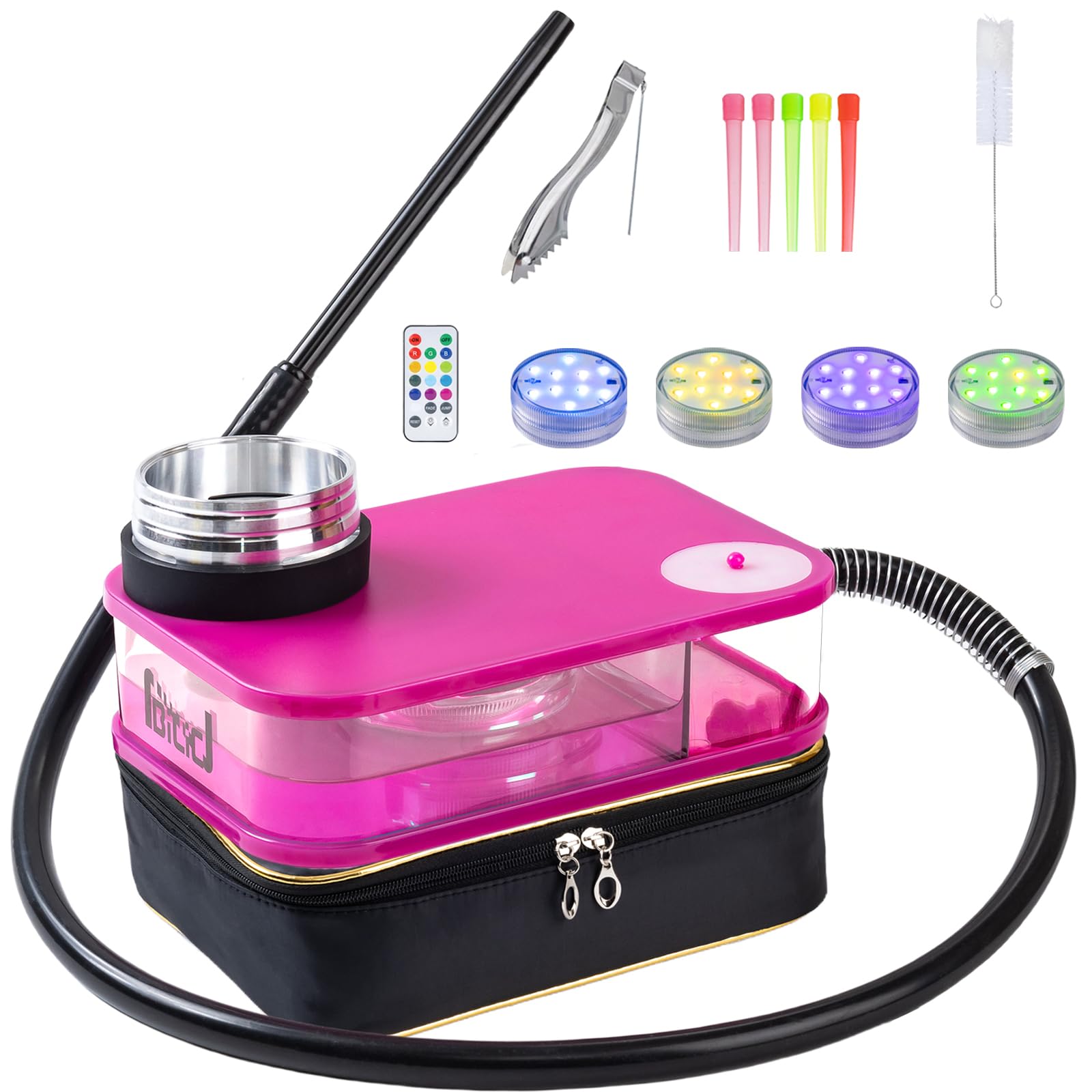 Portable Hookah Set for Travel Portable Shisha Hookah Box Portatil with LED Lights Accessories Pink