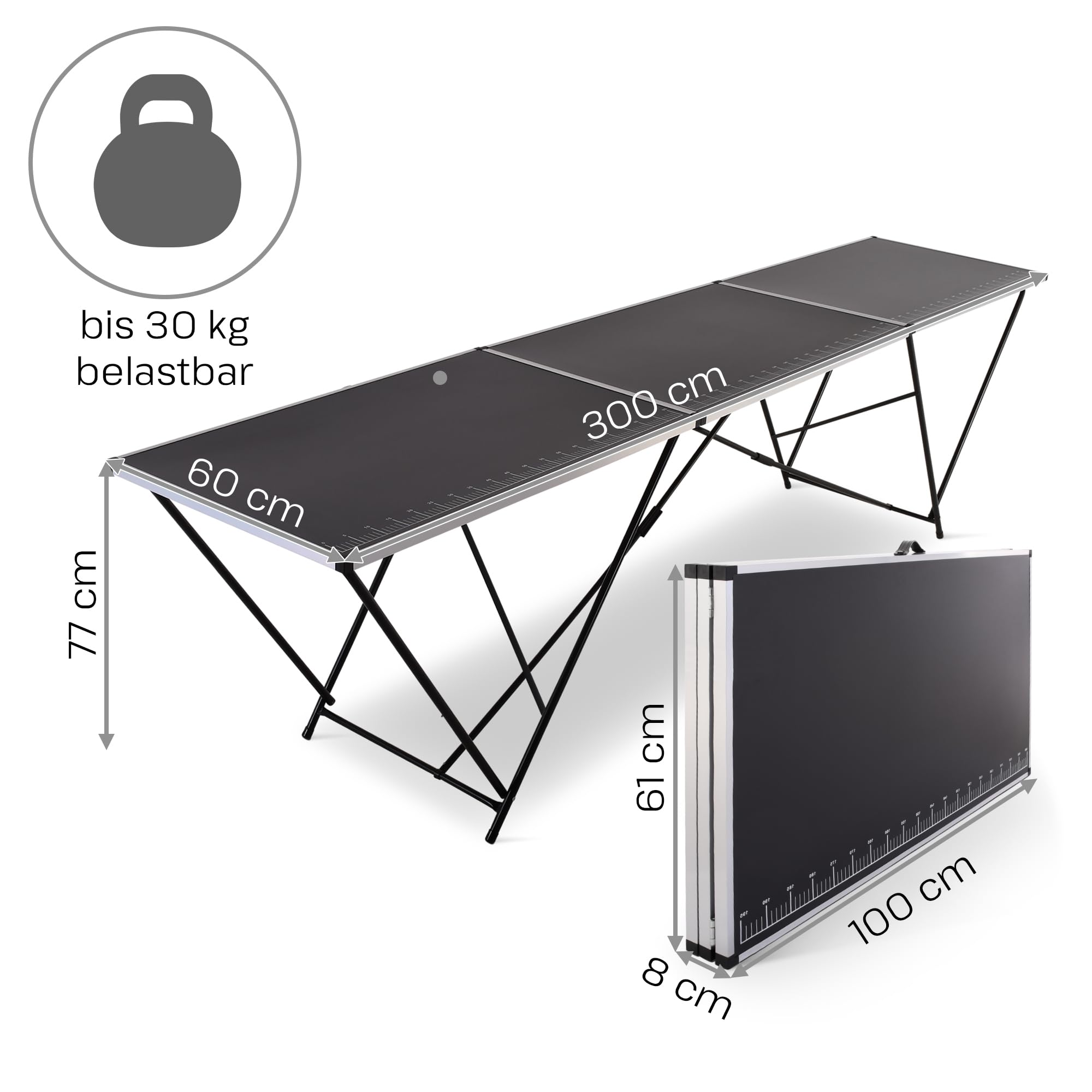 Raburg Tapeziertisch, einteilig, Alu Multifunktionstisch, Arbeitstisch klappbar, 300x60x77, bis 30 kg belastbar, Zentimeter-Skala 290 cm, Heimwerken Flohmarkt Tapezieren Hobby Renovieren, Stan