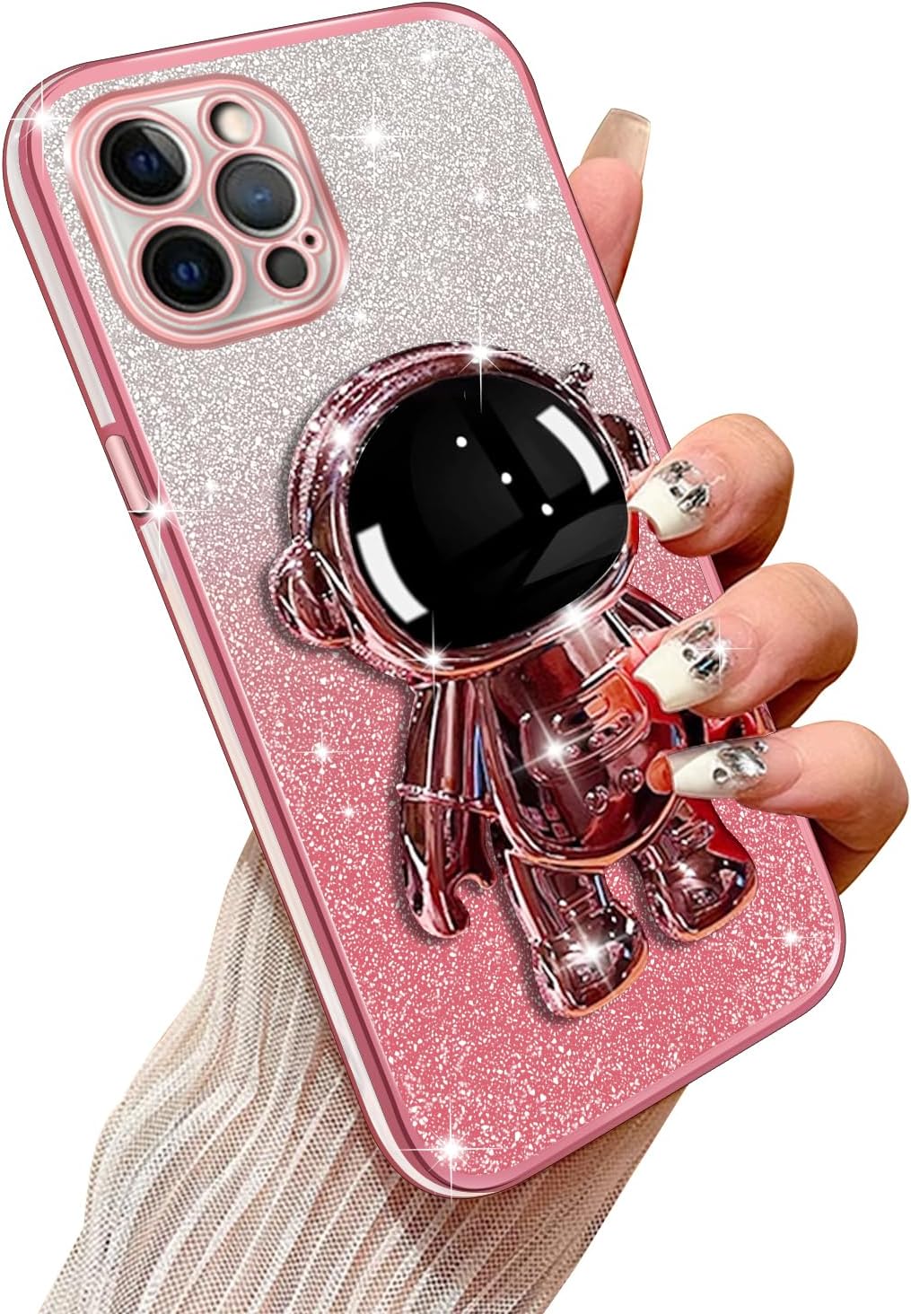 Phone Case for iPhone 12 Pro Max with Astronaut Kickstand and Lanyard Soft TPU Bling Clear Shockproof Protection Cover for iPhone 12 Pro Max Case, Rose Gold