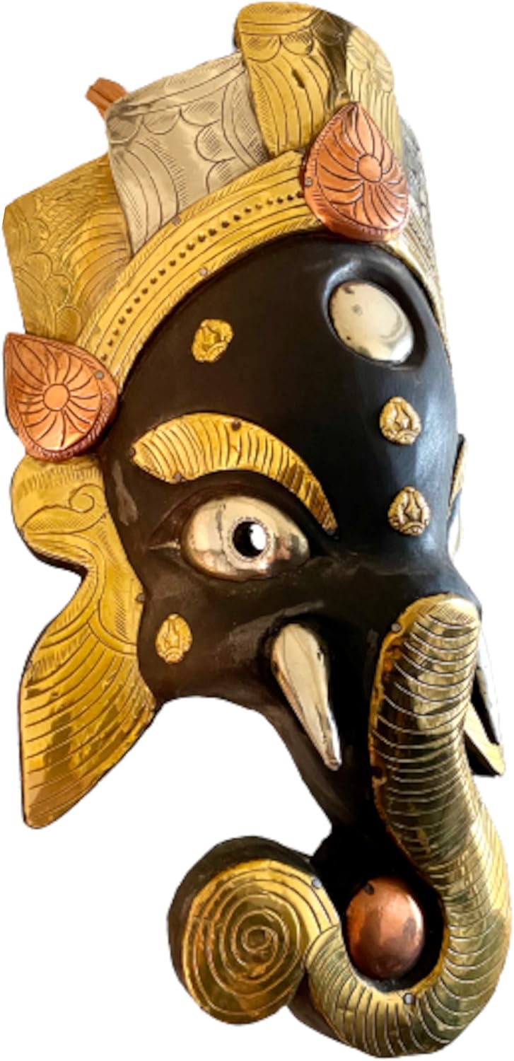QT S Ganesh Hand Crafted Wooden Mask for Wall Décor Son of Lord Shiva Ganesh for Luck Success & Prosperity - Home Patio Office Gift Wall Hanging Decorative Wooden Mask Handmade in Nepal