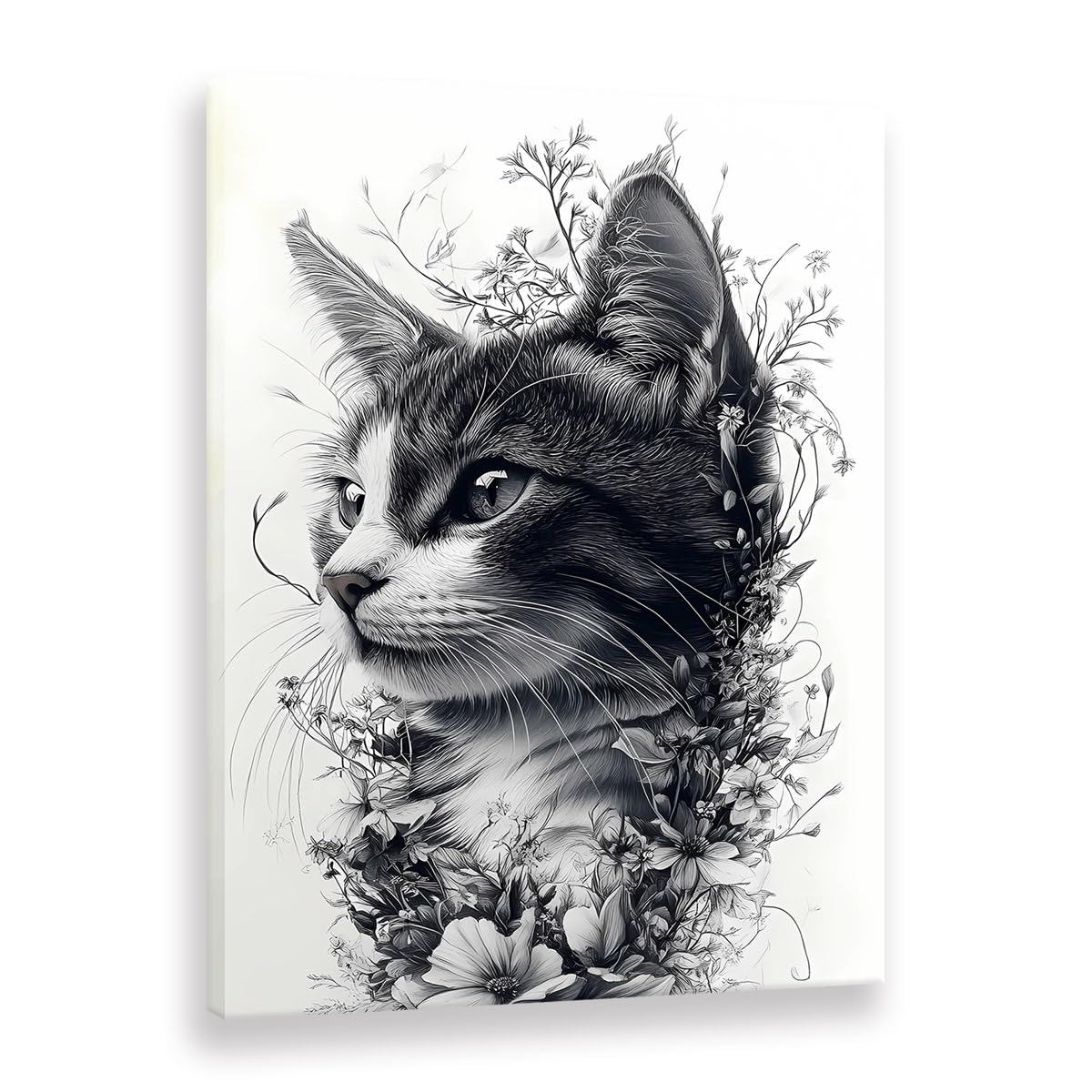 Peinture murale de fleurs et chat sur toile haut de gamme 60x90cm