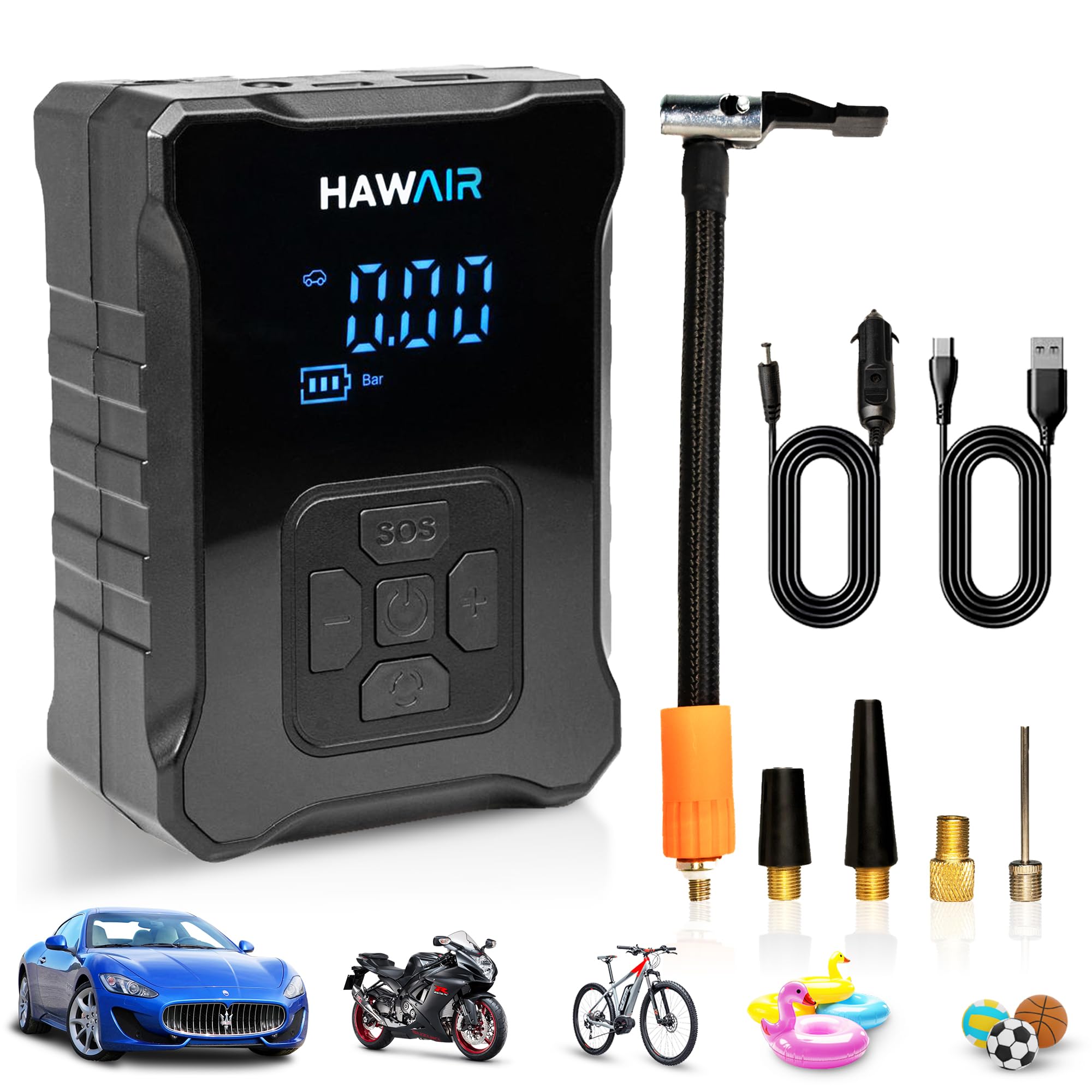 Hawair Portable Tire Inflator Air Pump for Car Tires - Tire Inflator Portable Air Compressor, Cordless/Corded Dual Use - Air Compressor Portable Inflator for Pool Floats, Air Mattress