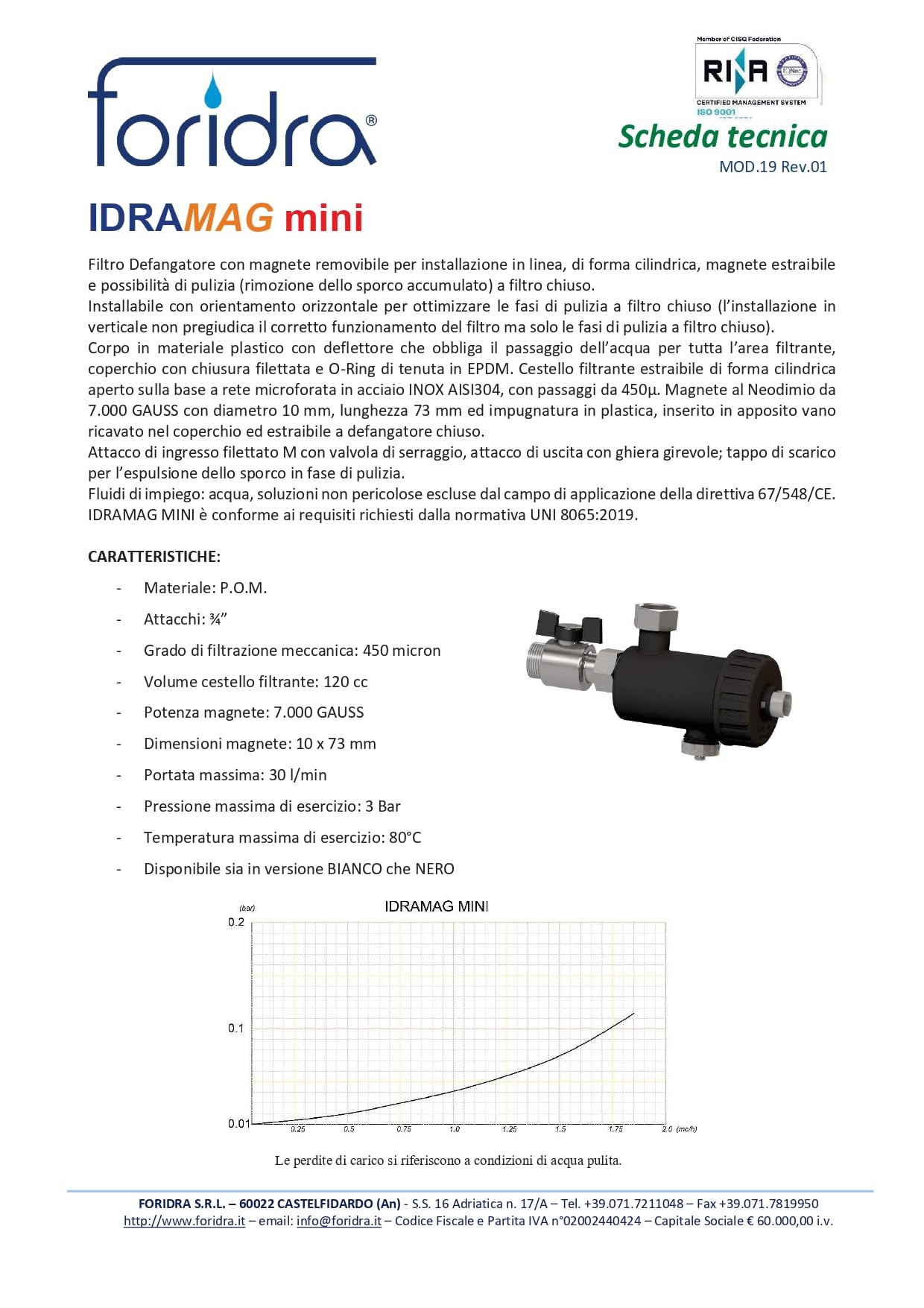 Filtro Defangatore Magnetico Foridra Idramag Mini Bianco per Caldaie Murali Attacchi 3/4" Maschio