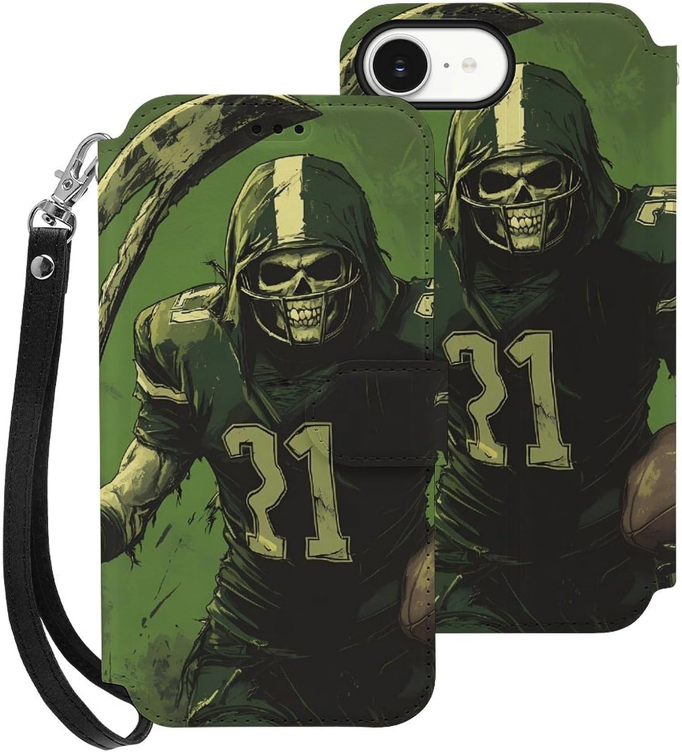 Grim Reaper U.S. Irish Football Compatible with iPhone 16/16 Plus/16 Pro/16 Pro Max/16 E Case Phone Wallet Card Holder Flip Cover with Wrist Strap