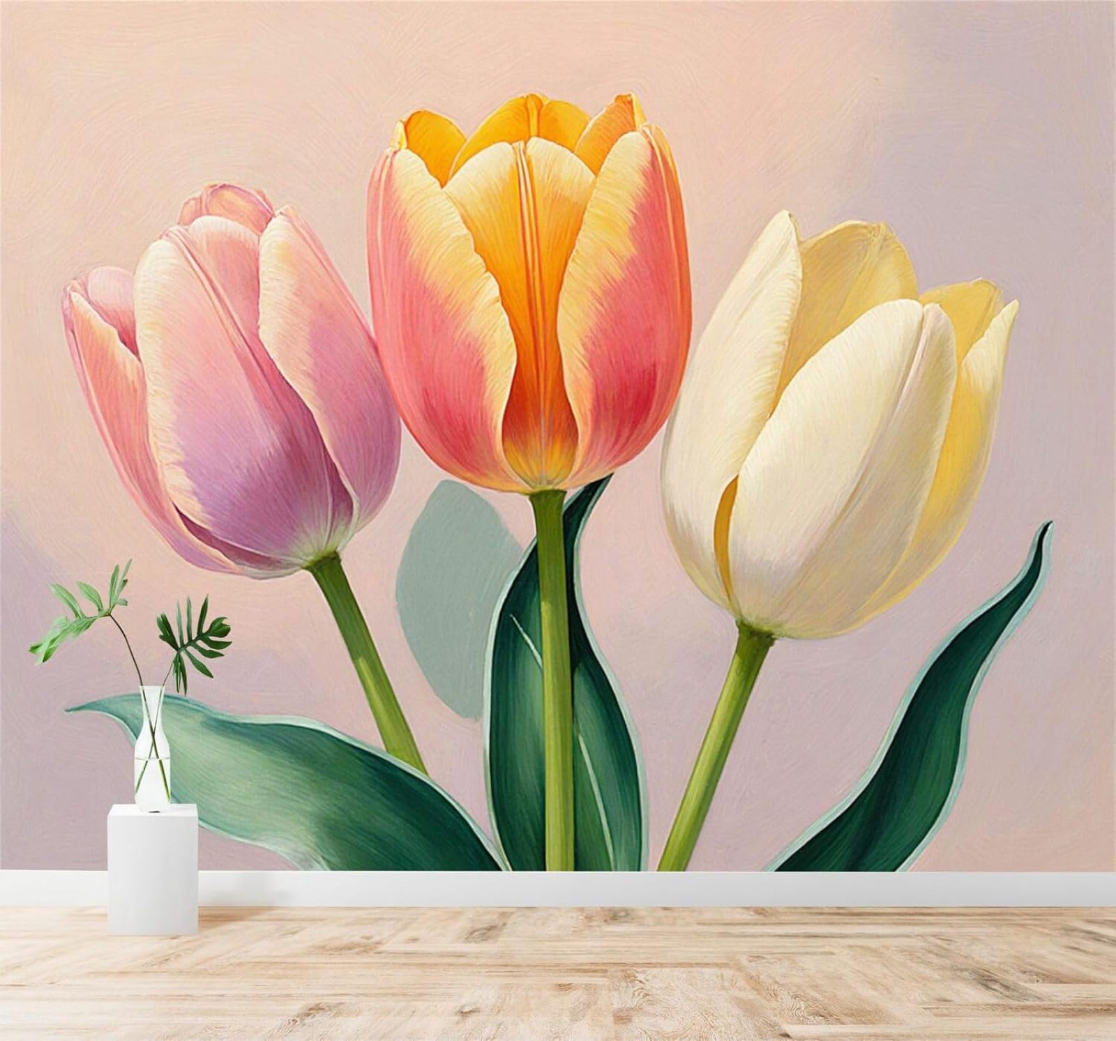 Xlming 150Cm×105Cm(B×H) Colourful Tulip Blossoms Green Leaves Soft Pastel Colours 3D Wallpaper Silky Texture Home Study Office Grey Dining Room Sofa Bedroom Living Room Tv Backdrop-150Cm×105Cm
