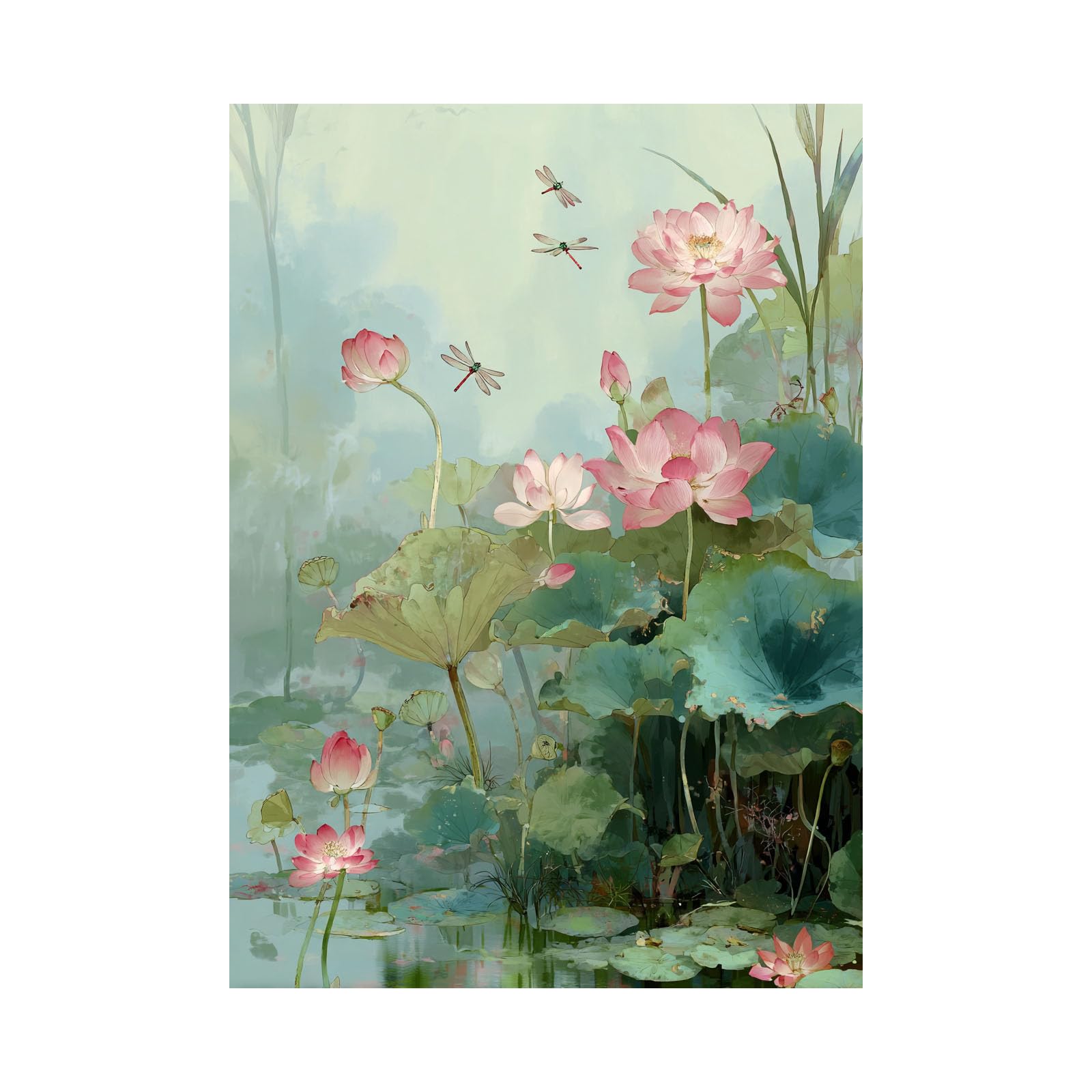 Teruea Green Grace Floral Pictures On Canvas Prints Vintage Blush Pond, Dragonfly & Wild Floral Botanical Art For Home And Office Decoration(Green)-60X90cm1 Unframed