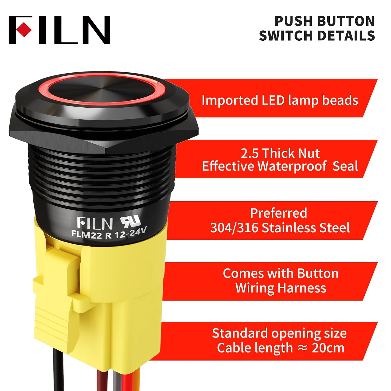 2PCS 22mm Latching Push Button Switch 12V-24V DC IP65 Waterproof Black Shell On Off with LED Angel Eye Head Pre-Wired Socket Plug for Machine Panel（Green LED）