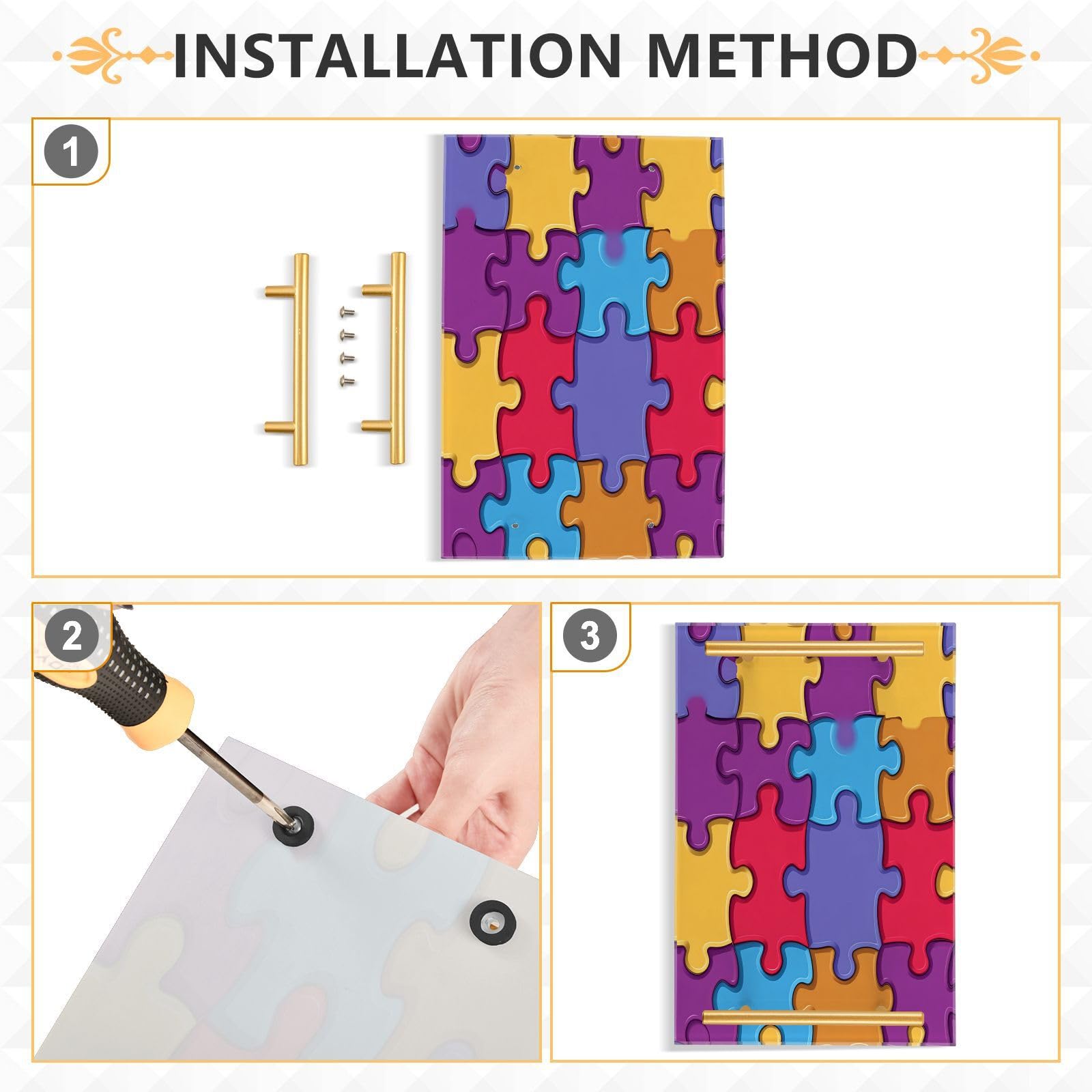 GUIJI Colorful Jigsaw Acrylic Tray, Perfume Cosmetic Jewelry Decorative Trays Bathtub Organizer, Living Room Kitchen Serving Tray with Gold Handles