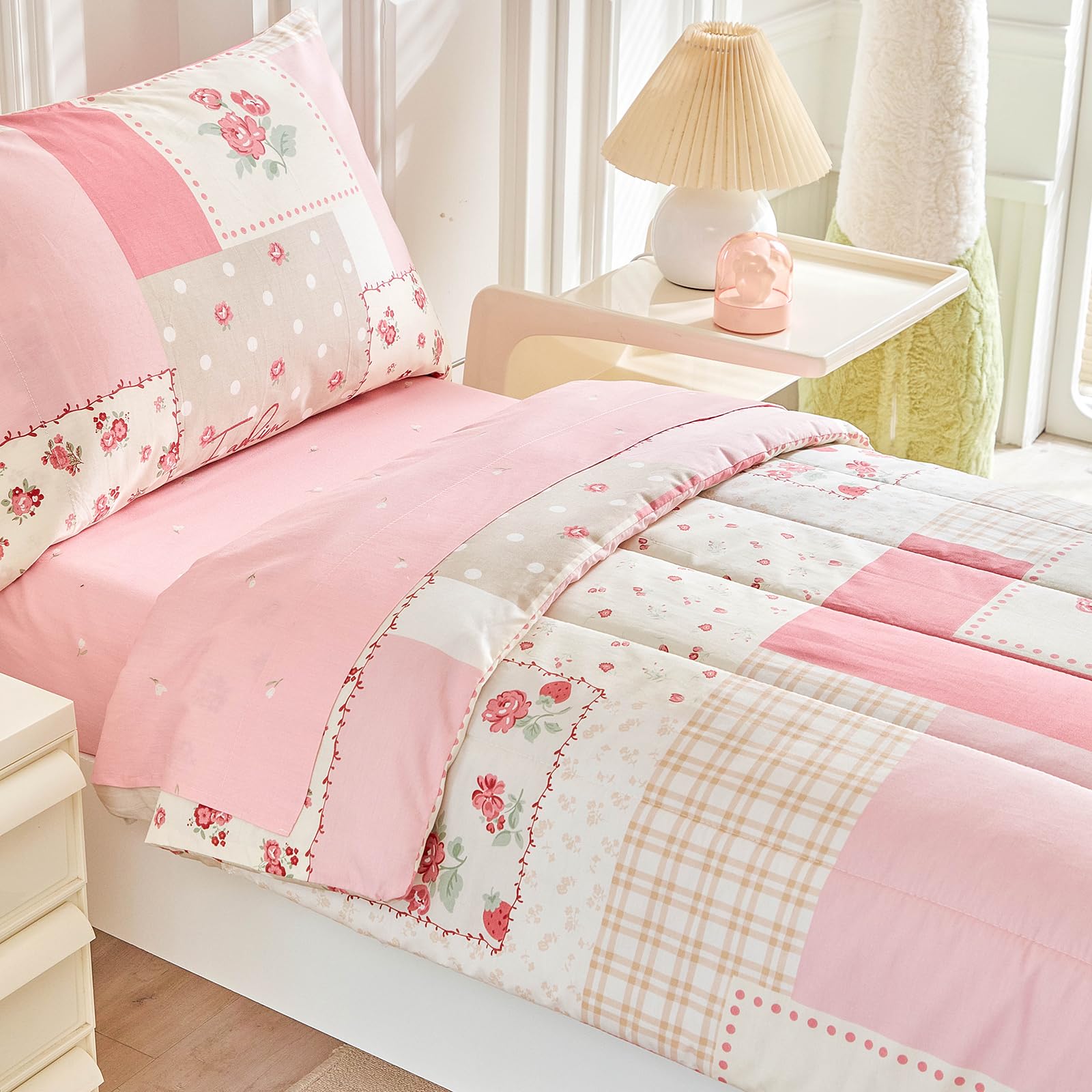 Juego De Ropa De Cama De 4 Piezas Joyreap Para Niñas - Diseño A Cuadros Con Flores Rosas, 100% Algodón, Incluye Edredón Y Sábanas