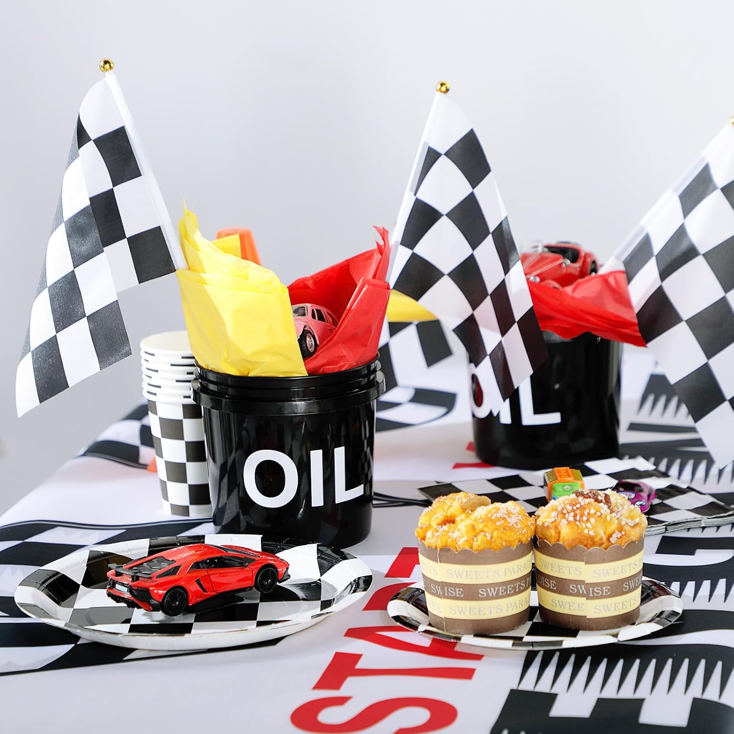Silipull 48 Pcs Race Car Party Decorations 6 Sets Racing Table Centerpieces Including 12 Checkered Flags 6 Plastic Drums 6 Oil Stickers 24 Tissue Papers for Race Car Themed Birthday Party Supplies