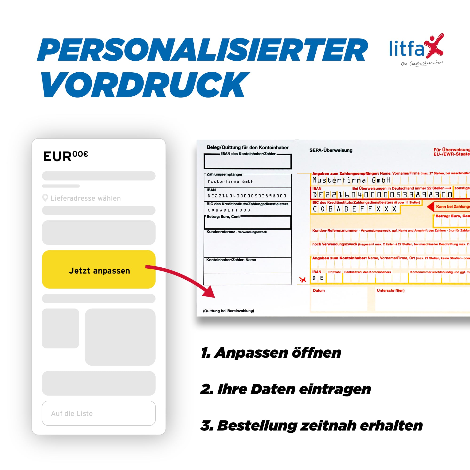 Litfax SEPA Überweisungsträger mit personalisiertem Überweisungsvordruck, 300 Stück - DIN A6, 2-fach mit Durchschlag, Leicht zu trennen, selbstdurchschreibend - Bankneutral in Deutschland