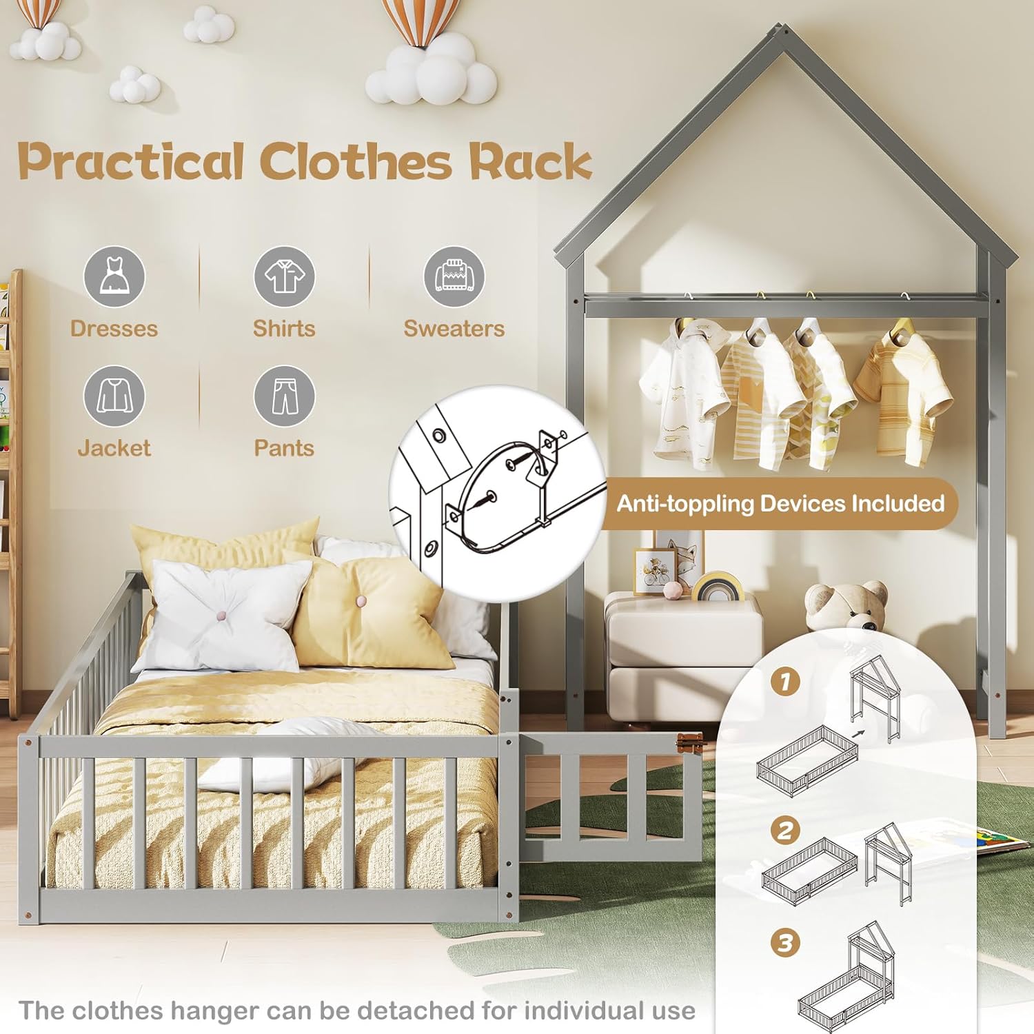 Twin Floor Bed Frame, Wooden Montessori Bed with Fence, House-Shape Headboard and Detachable Clothes Rack, Low Twin Size House Bed for Kids, Boys, Girls, Without Slats (Grey)