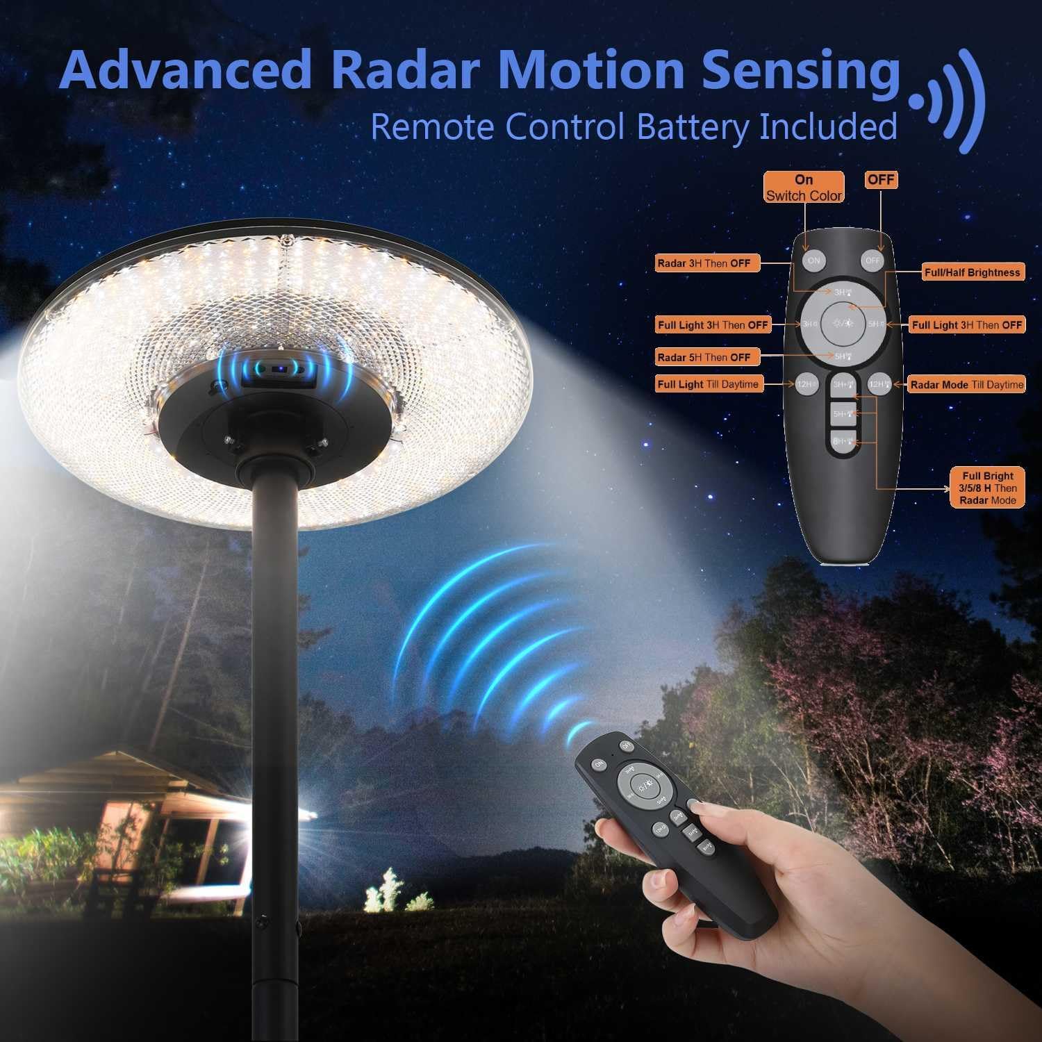 Movable Solar Street Lights Outdoor with Pole, 10000W 9999LM IP65 Waterproof Motion Sensor Lamp Posts Remote Control at 360° No Drill for Yard, Camping, Garden, Outside (86.6" Pole 216 LED)