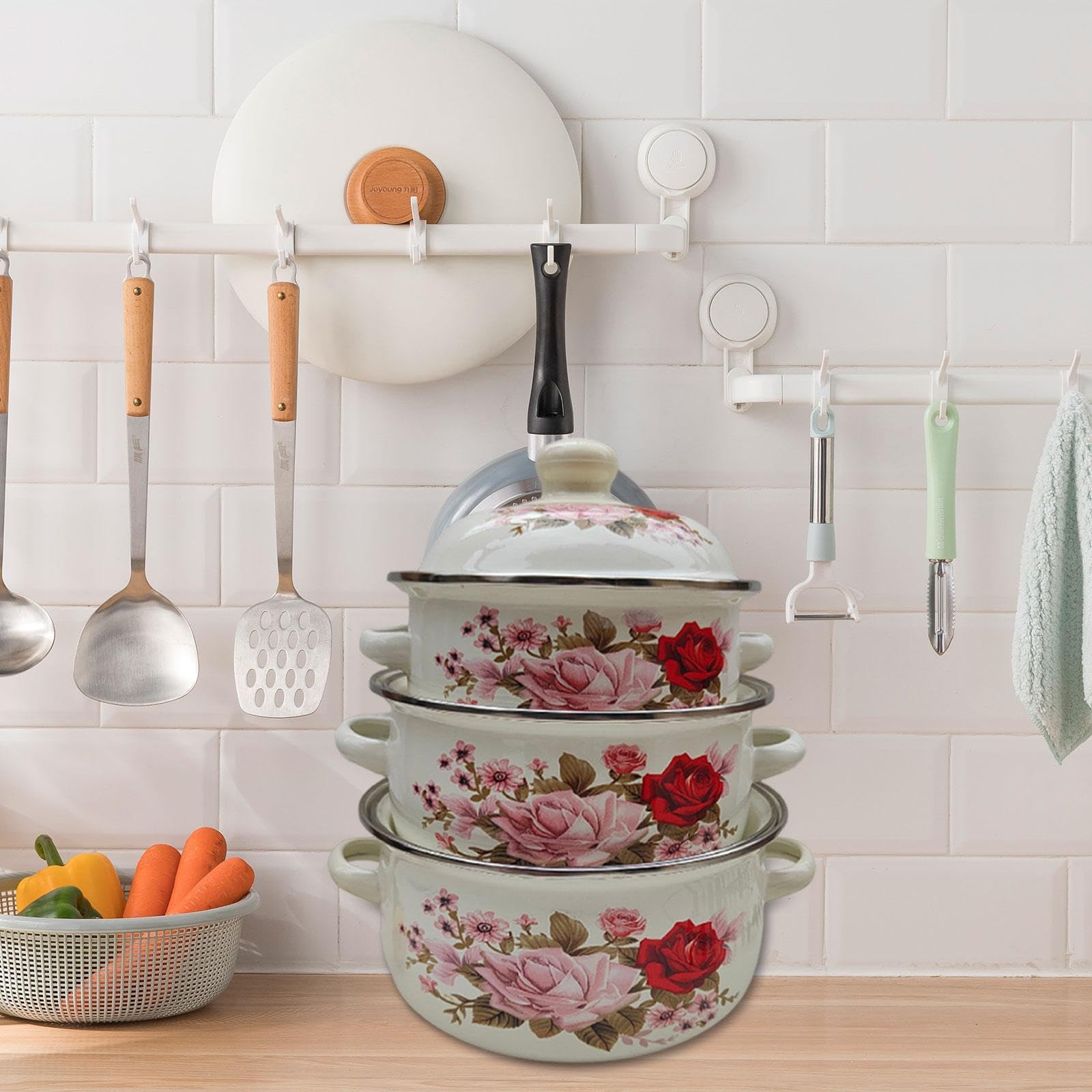 3 Emaille Suppentopf Set mit Deckel Und Zwei Griffen Gleichmäßige Wärmeverteilung für Milch Nudeln Und Babynahrung für Haushalt, Style A