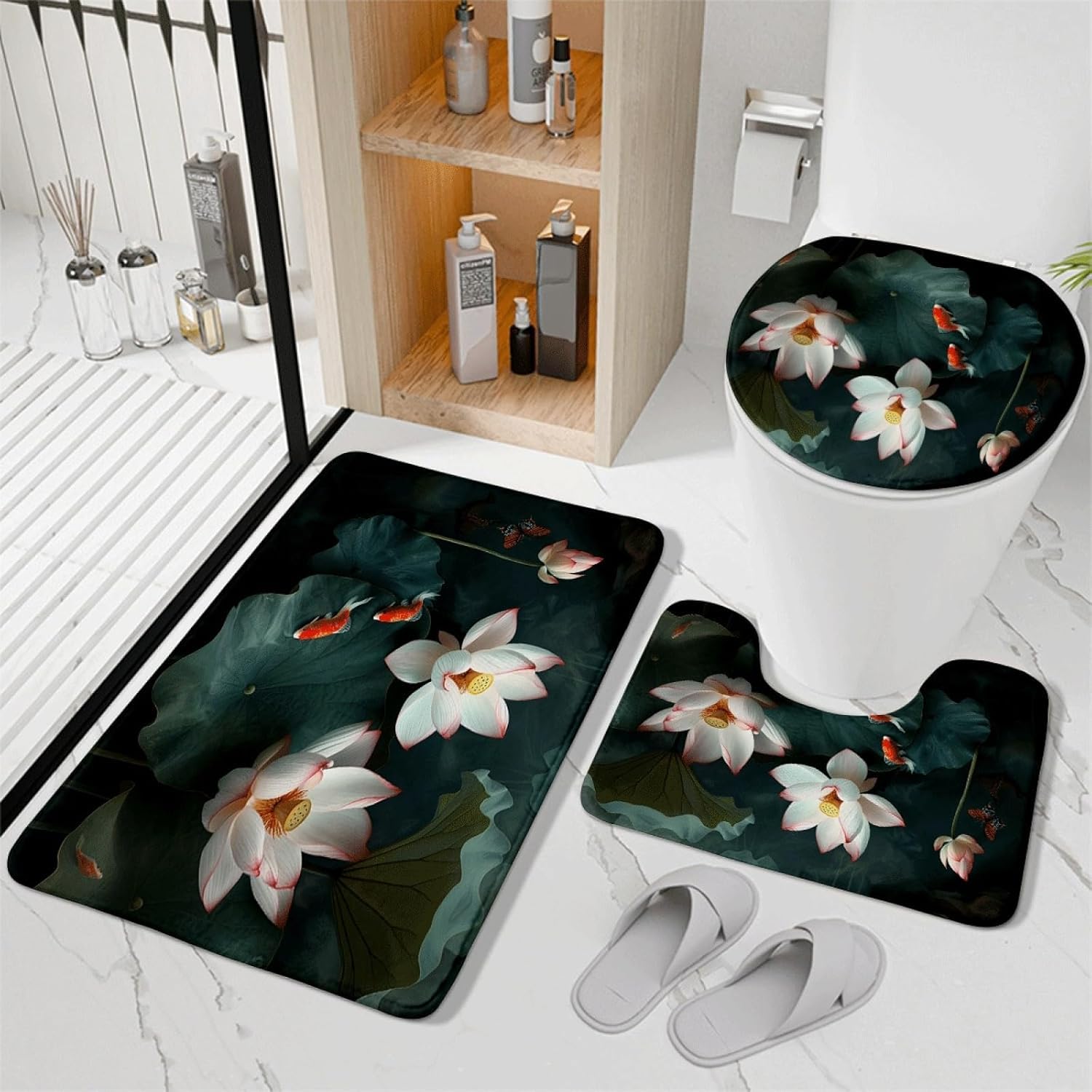Set di tappetini da Bagno 3 Pezzi Verde Beige Loto Antiscivolo per Bagno Tappeto Lavabile in Memory Foam Tappeto copriwater tappetini a Forma di U 50x80 cm