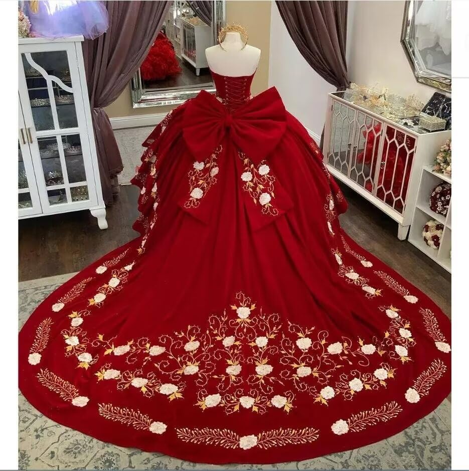 New Flowers Embroidered Mexican Quinceanera Dresses Charro Ruffles Sweet 15 Dress Bow Long Train 20252
