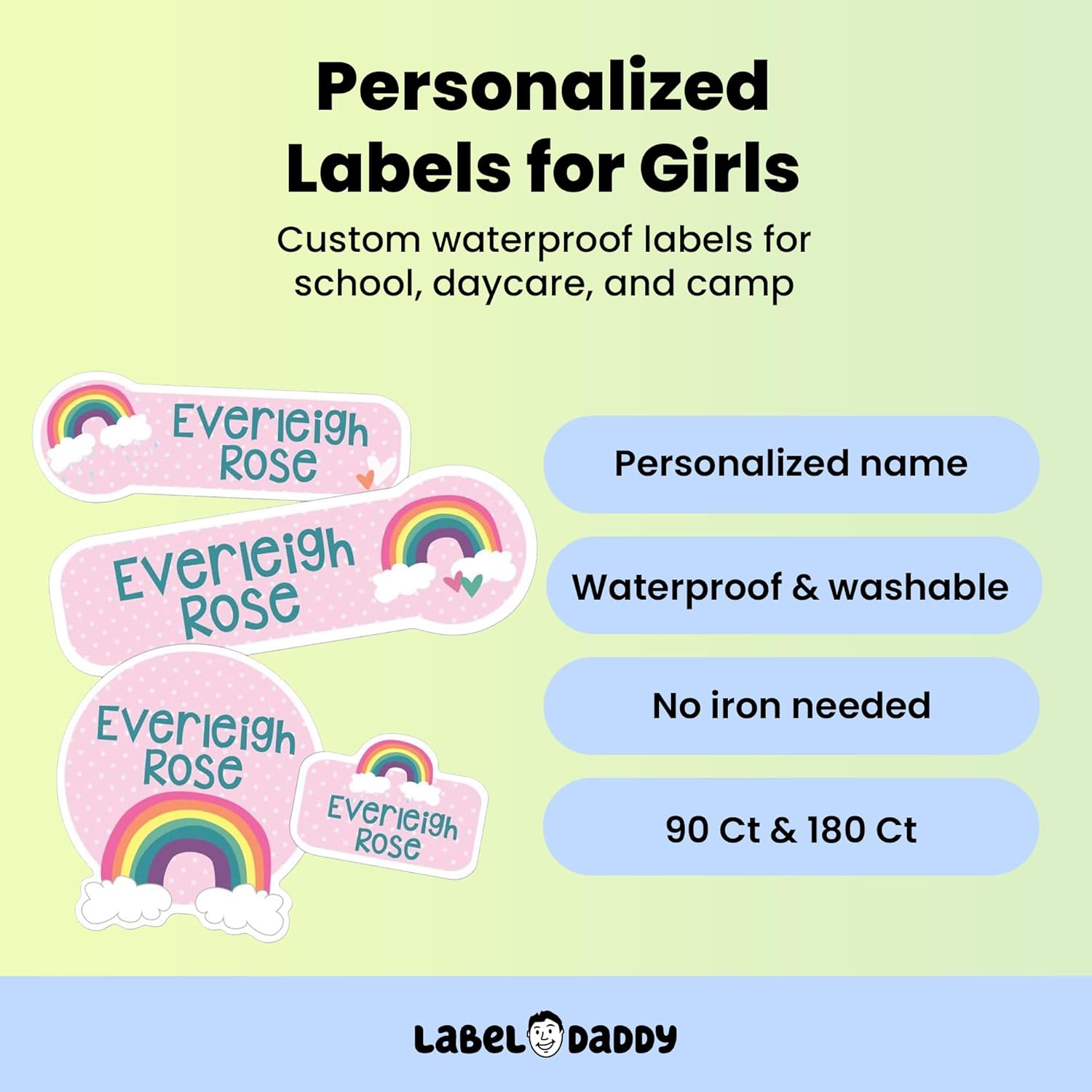 Custom Name Labels for Girls – Waterproof No-Iron Personalized Stickers for Daycare, School & Camp – Washable Multi-Size Labels for Bottles, Backpacks, Shoes & More – 90 or 180 Ct | Rainbow Design