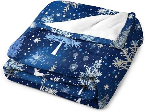 Miniatura 3 de Manta azul con diseño de árboles de Navidad y copos de nieve, diseño de copos de nieve, 30 x 40 pulgadas, manta de franela cálida para sofá, cama,