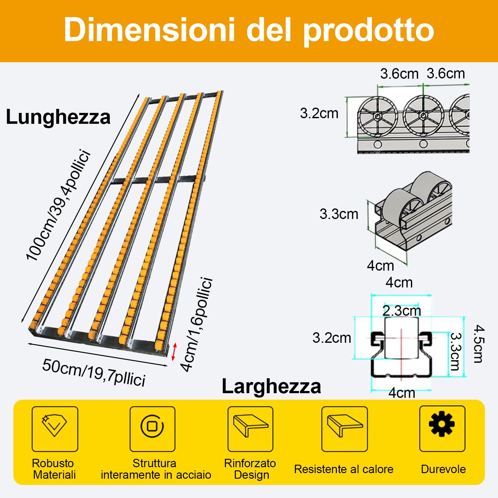 HJZALMI Schwerkraft Rollenbahn 50x100cm, mit ABS-Kunststoffrollen, Gelb | Antriebsloser Rollenförderer, leichtes Rollenband ideal für Lager, Werkstatt, Güterumschlag, Eimertransport und LKW-Beladung