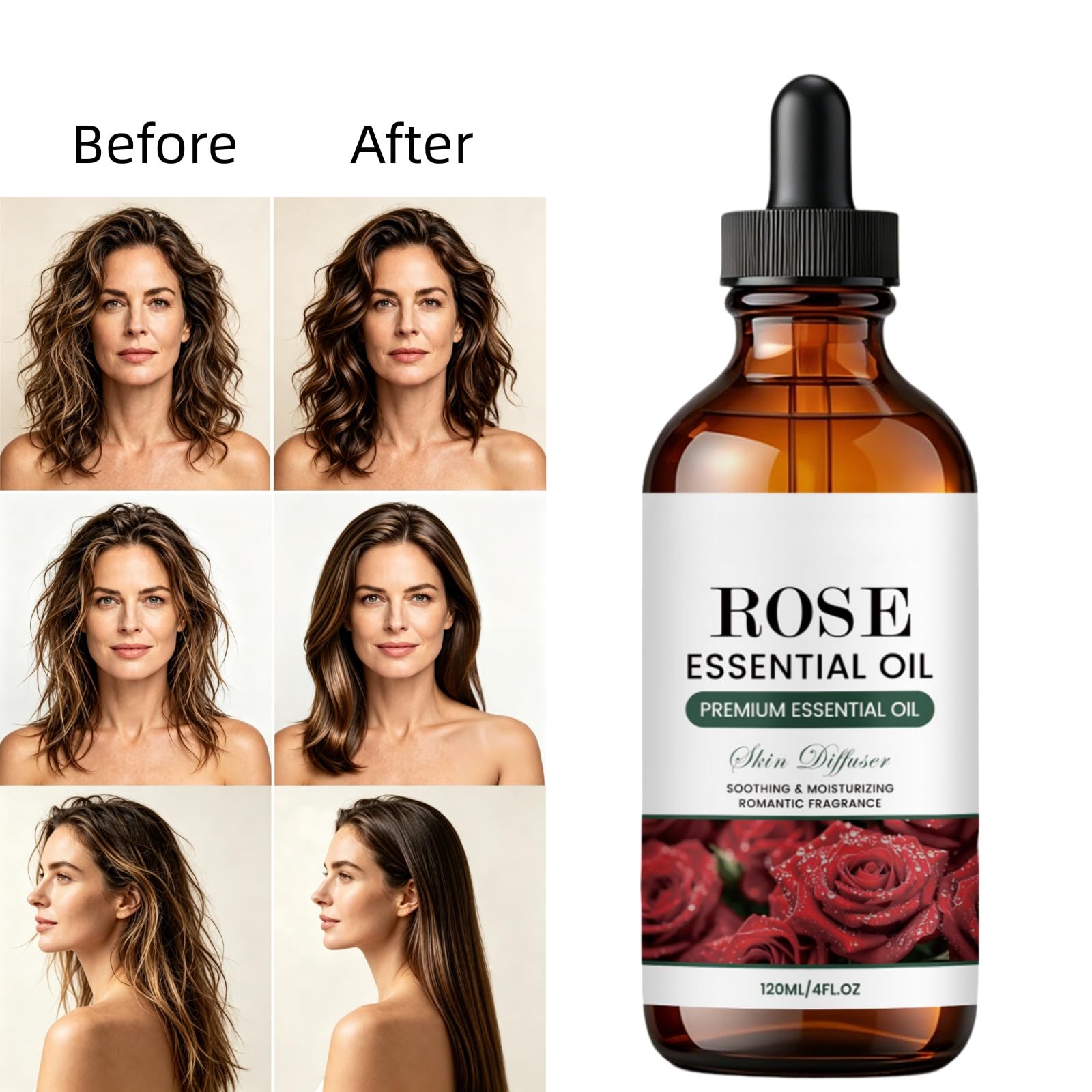 Rose Essential Oil Glass Dropper Bottle, olejek eteryczny do pielęgnacji skóry i włosów, romantyczne serum nawilżające do twarzy, długotrwały aromat kwiatowy relaks (6 szt.)