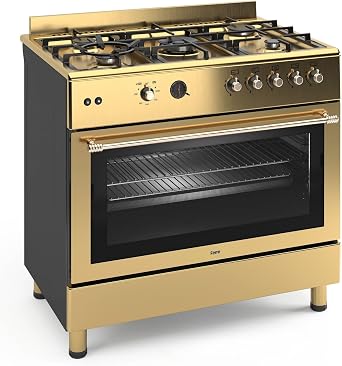 Ferre F9S50GF-GI-RETRO 90cm Gas Range Cooker With Double Turbo Fan & 5 Burner1 Wok Gas Hob - Gold [Energy Class A]