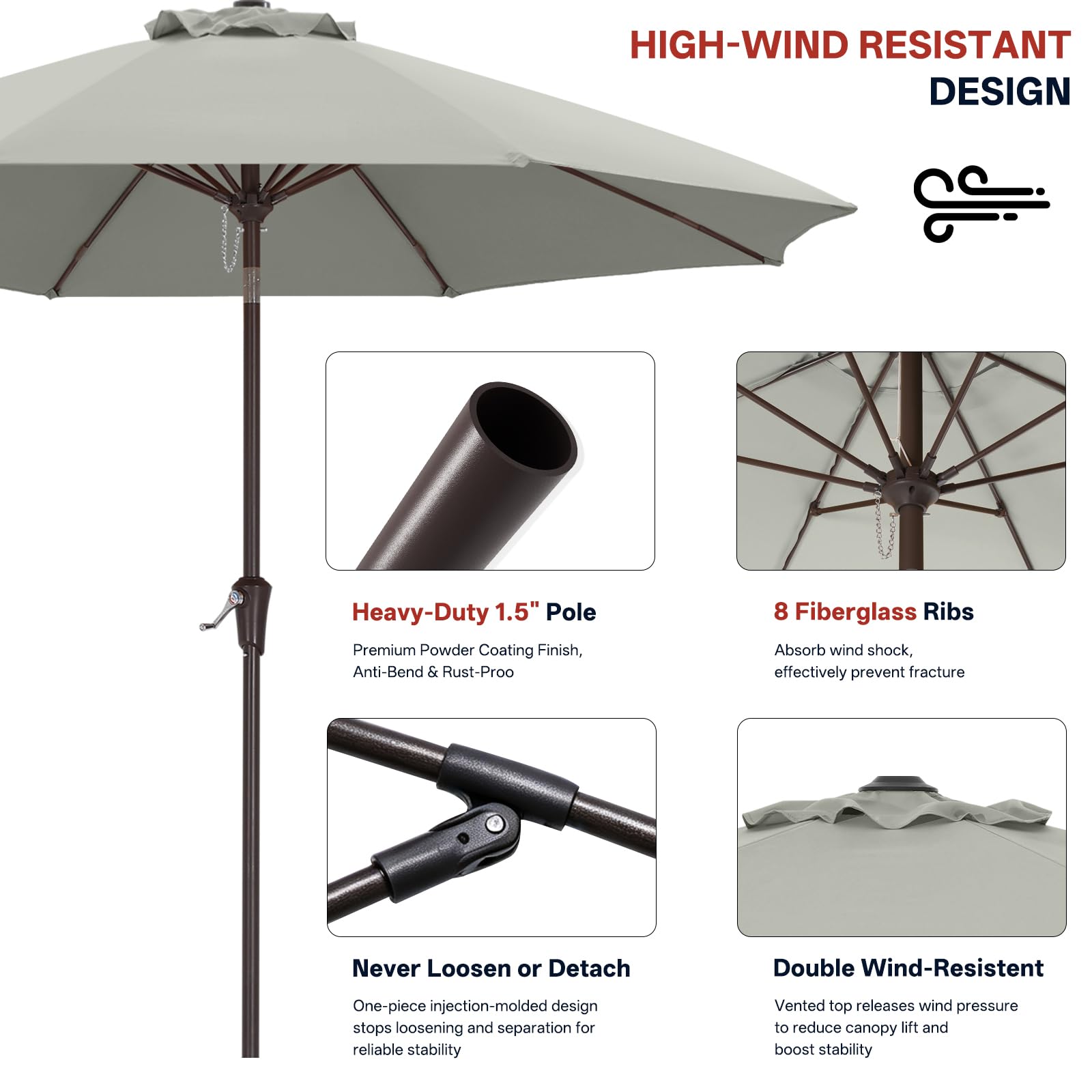 ABCCANOPY Sombrilla de 2,7 m con botón de inclinación para jardín, terraza, patio y piscina, 8 varillas, más de 13 colores | Poliéster 300D impermeable, no destiñe y resistente a la luz, 230/270/300 cm para jardín, terraza y playa