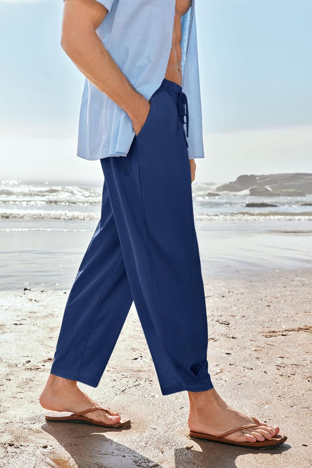 Gafeng Mens Linen Yoga Pants Elastic Waist Drawstring Summer Beach Loose Fit Casual Tapered Trousers - Image 2