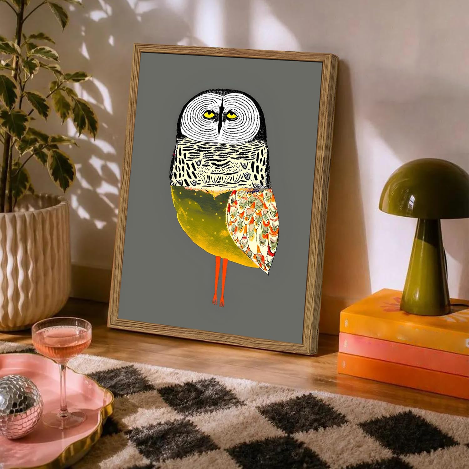 Funny Owl Wall Art, Whimsical Bird Wall Decor Painting Cute Animal Poster Canvas Print Picture for Farmhouse Living Room Bedroom 16x24 inch Wood Framed image 3