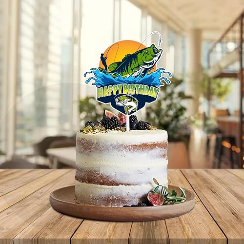 Miniatura 5 de Decoración de pastel con purpurina verde para ir a pescar, decoraciones temáticas para hombres y niños, suministros de decoración de fiesta de