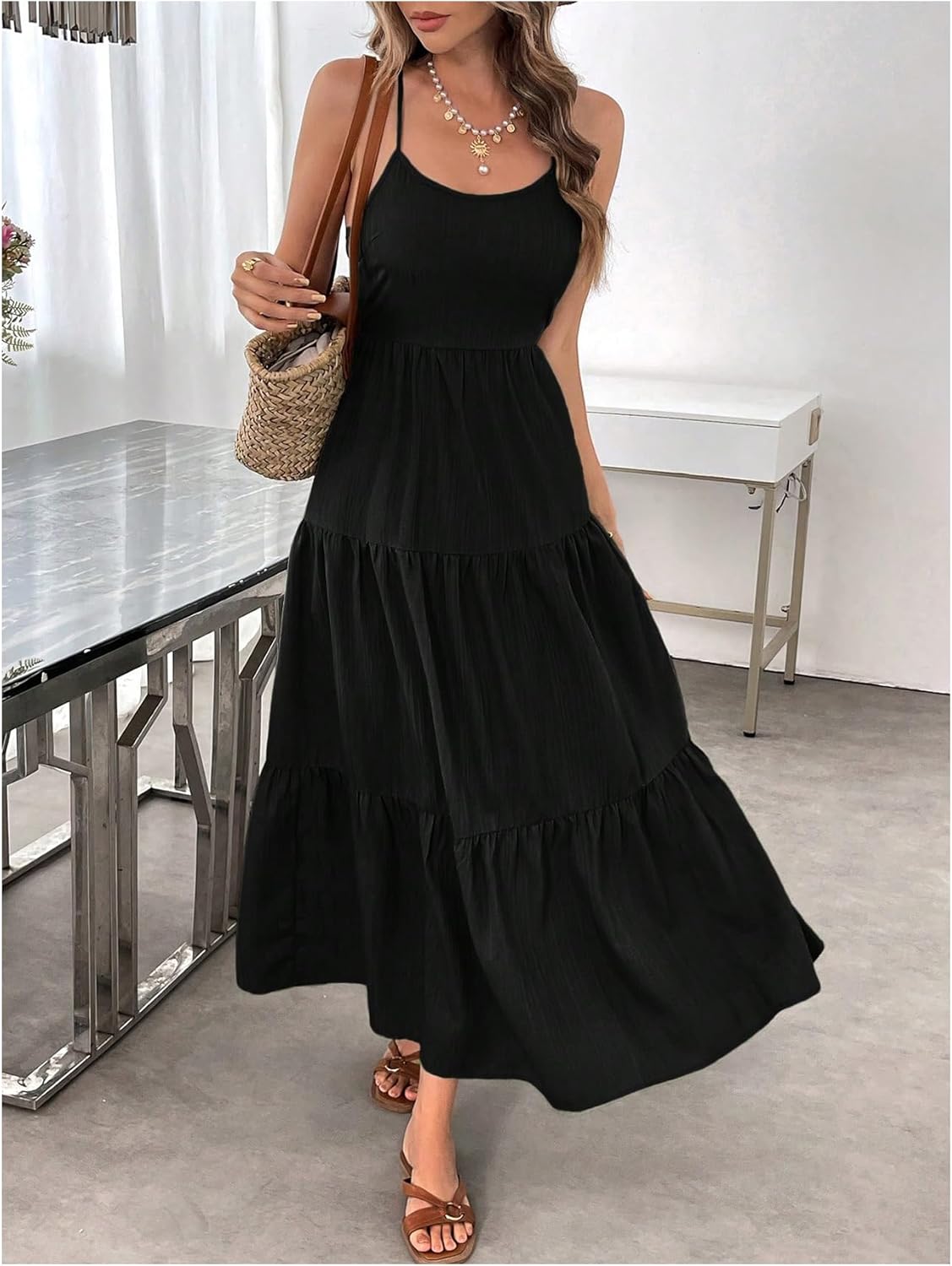 SHENHE Women's Summer Maxi Dress Tie Bow Backless Tiered Ruffle Flowy Beach Vacation Sundress - Image 5