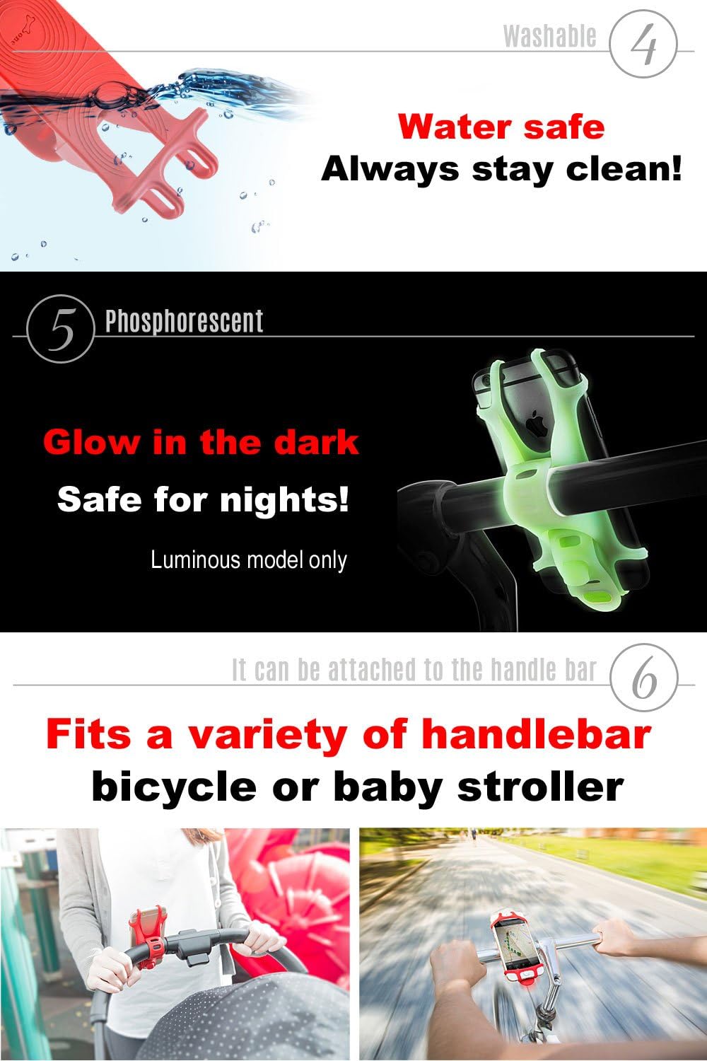 Universal Bike Phone Holder, Bicycle Handlebar Stroller Cell Phone Mount for iPhone 8 Plus 7 6S 5 SE Samsung Galaxy S8 S7 Note 6, 4 to 6 Inch Android Smartphone, Bike Tie Series - Red