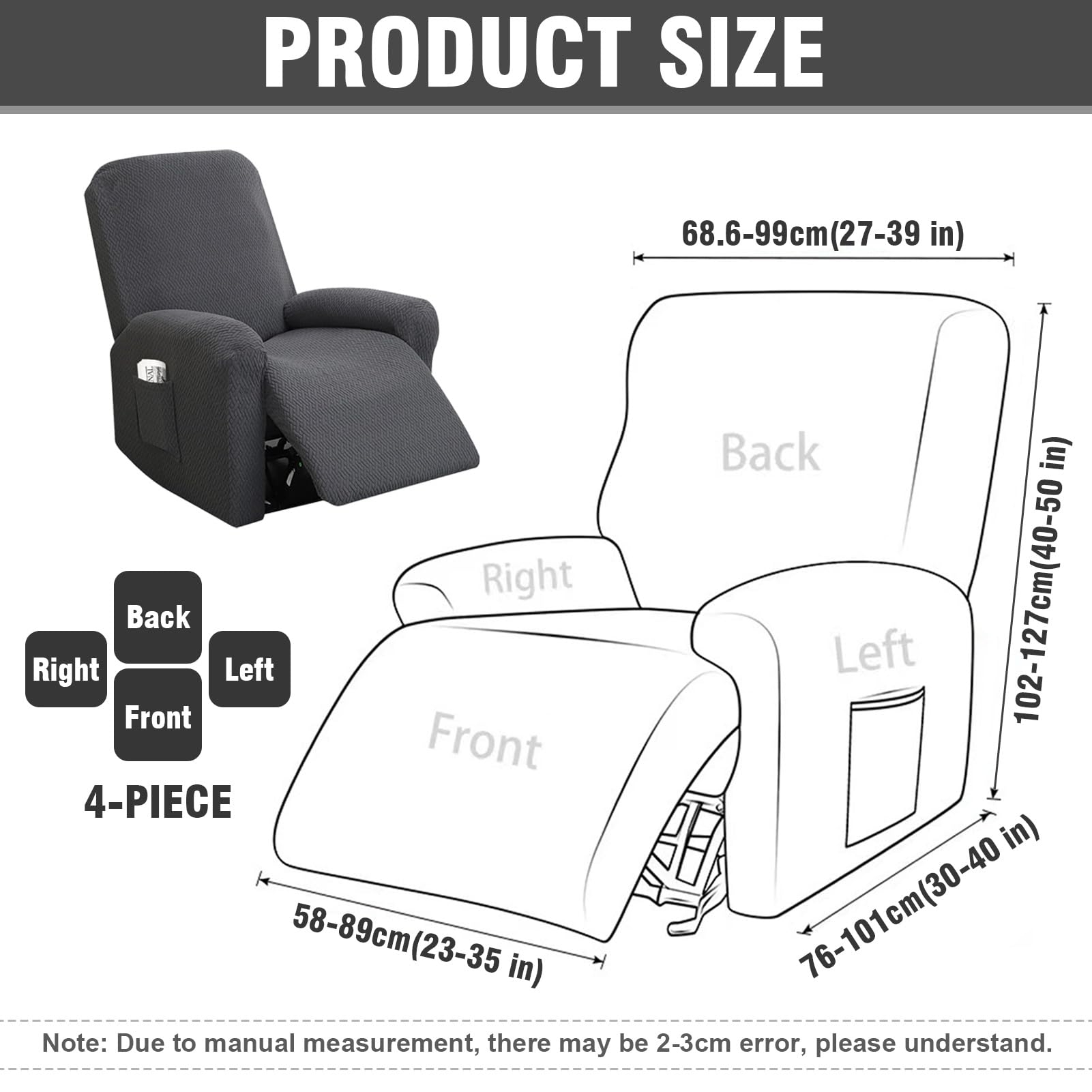 1-Sitzer Sessel Überzug, Sesselbezuge Stretch mit Taschen, All-Inclusive Streifen-Jacquard Sesselschoner für Fernsehsessel Relaxsessel Sesselhusse (Dunkelgrau, 4-Teilig)