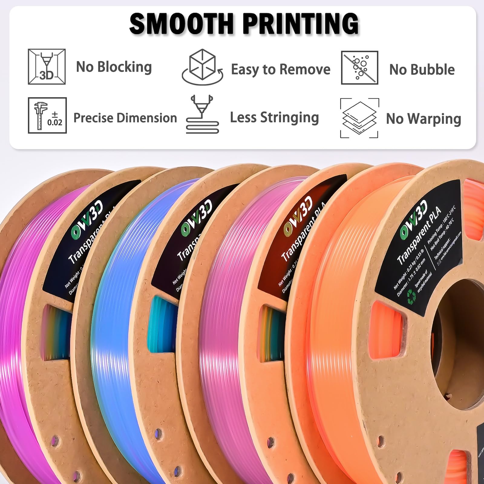 OVV3D Transparent Rainbow PLA Filament 1.75mm 200g X 4 Spools